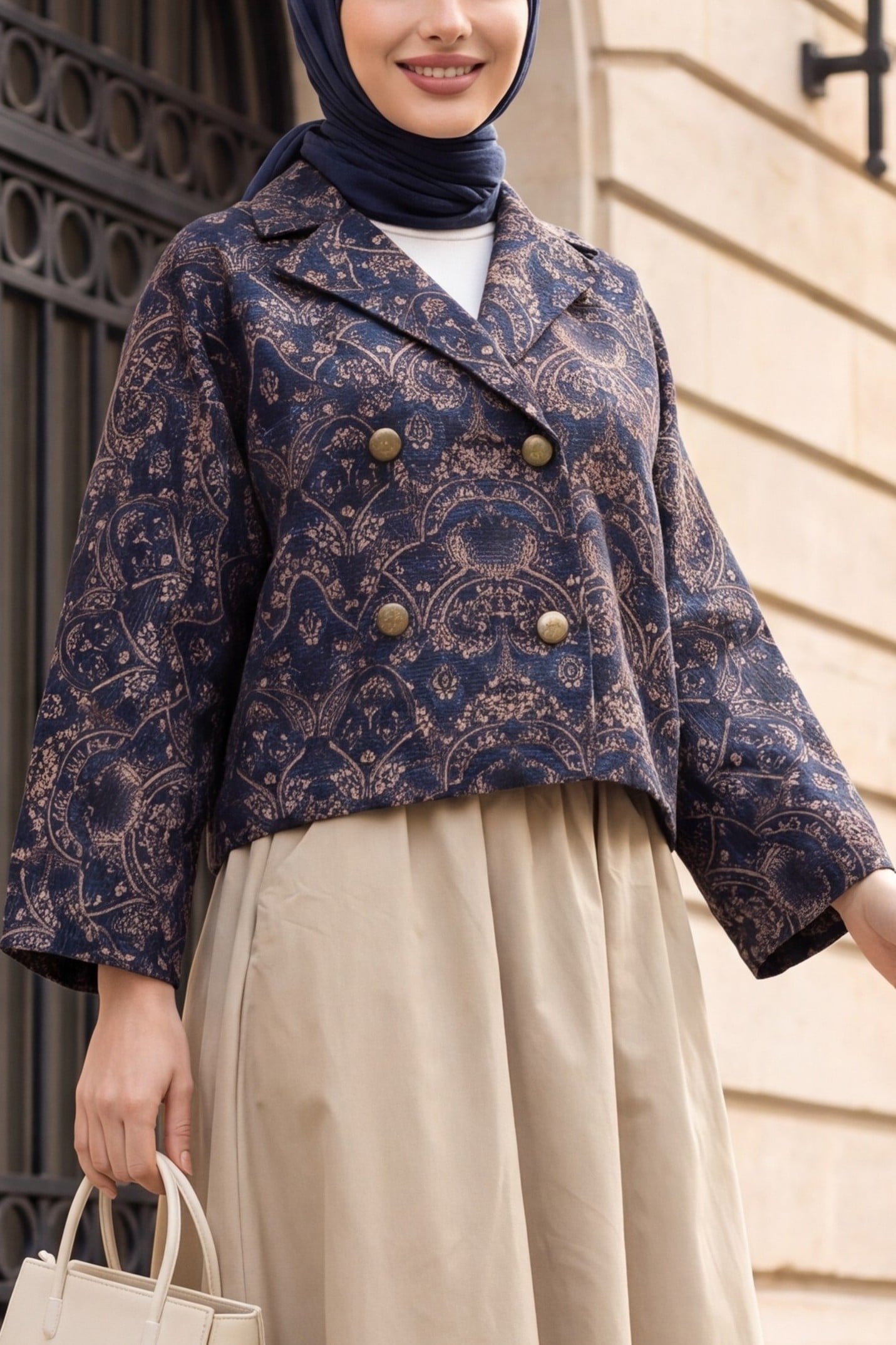 Women's Double-Breasted Quilted Jacket with Paisley Print - Navy - Podyumplus - by Peralane