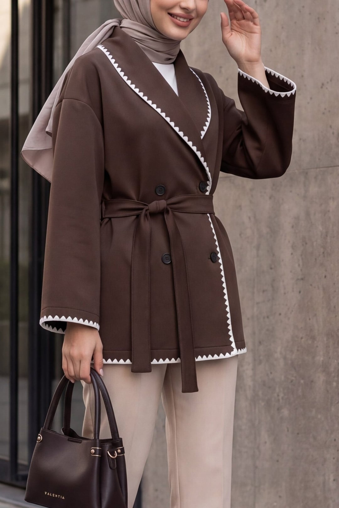 Brown Belted Scuba Jacket with Shepherd Stitching - Podyumplus - by Peralane