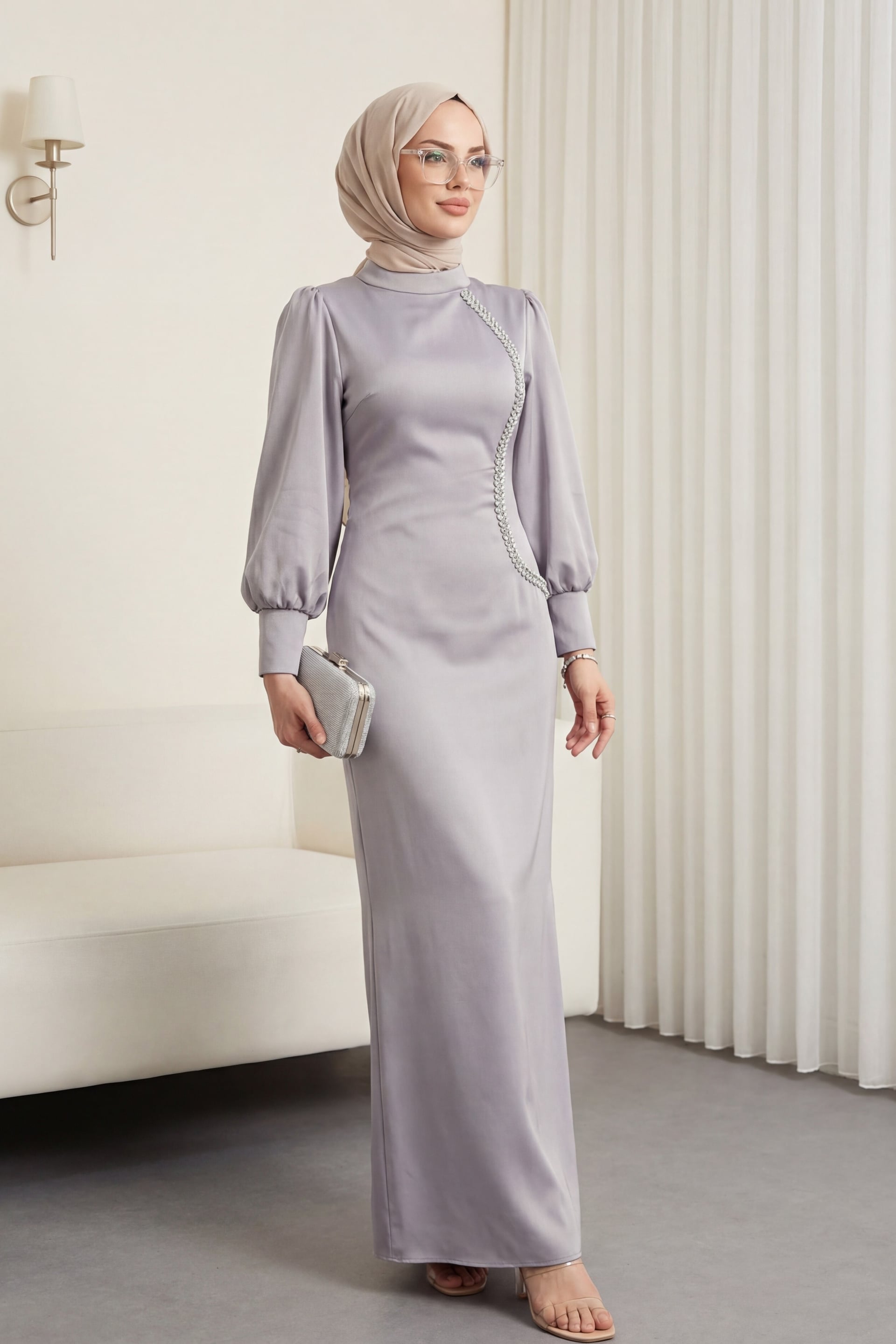 Stone Detail Satin Evening Dress with Zipped Cuff - Grey - Podyumplus - by Peralane