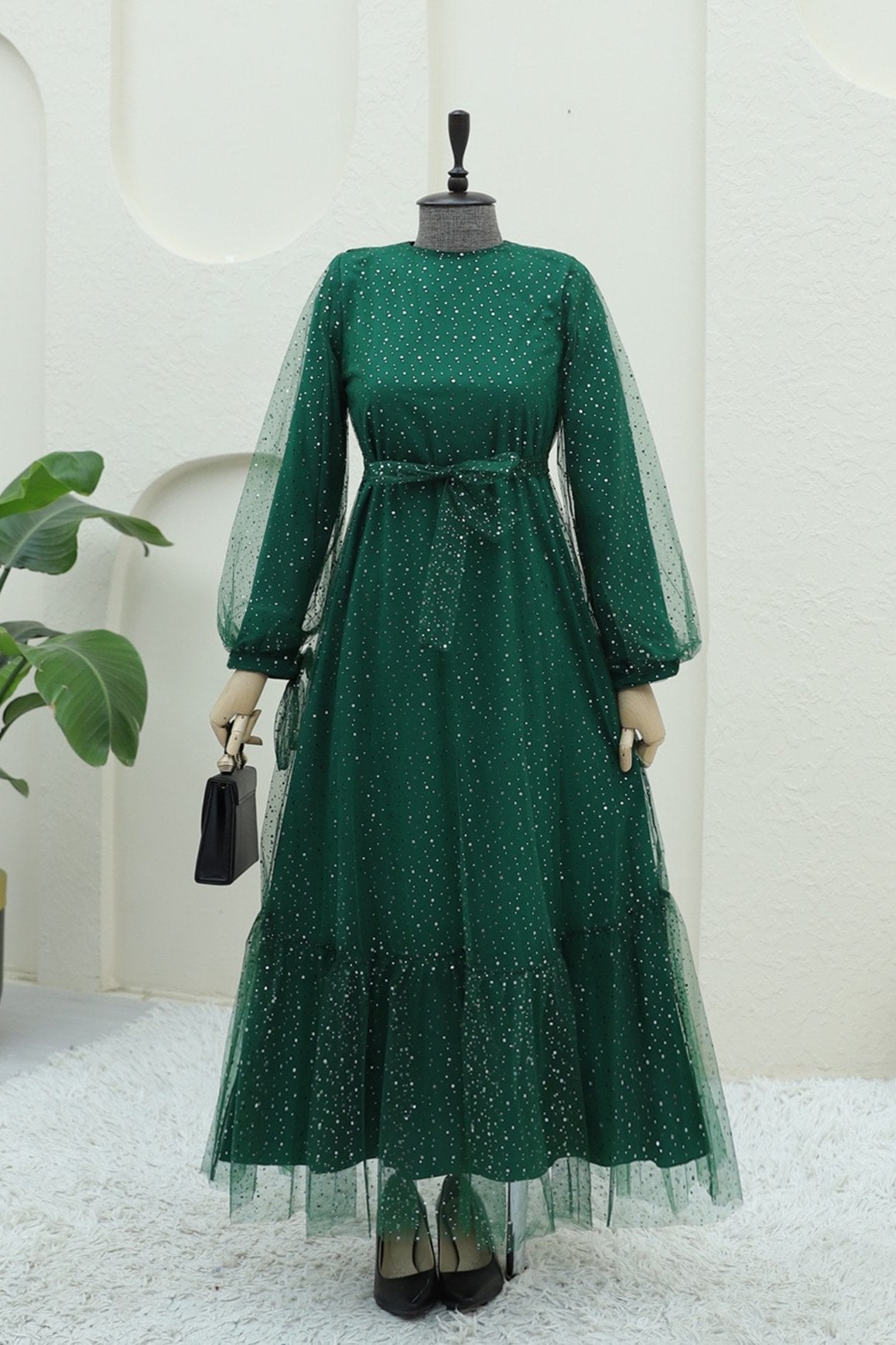 Emerald Green Sequin Detail Tulle Dress with Tie Sleeves - Podyumplus - by Peralane - photo 2