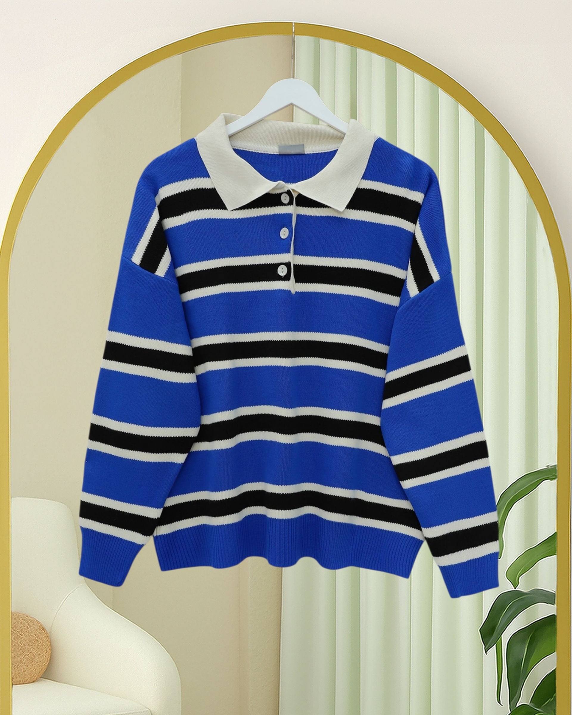 Polo Collar Buttoned Striped Knit Sweater - Saks - Podyumplus - by Peralane - photo 3