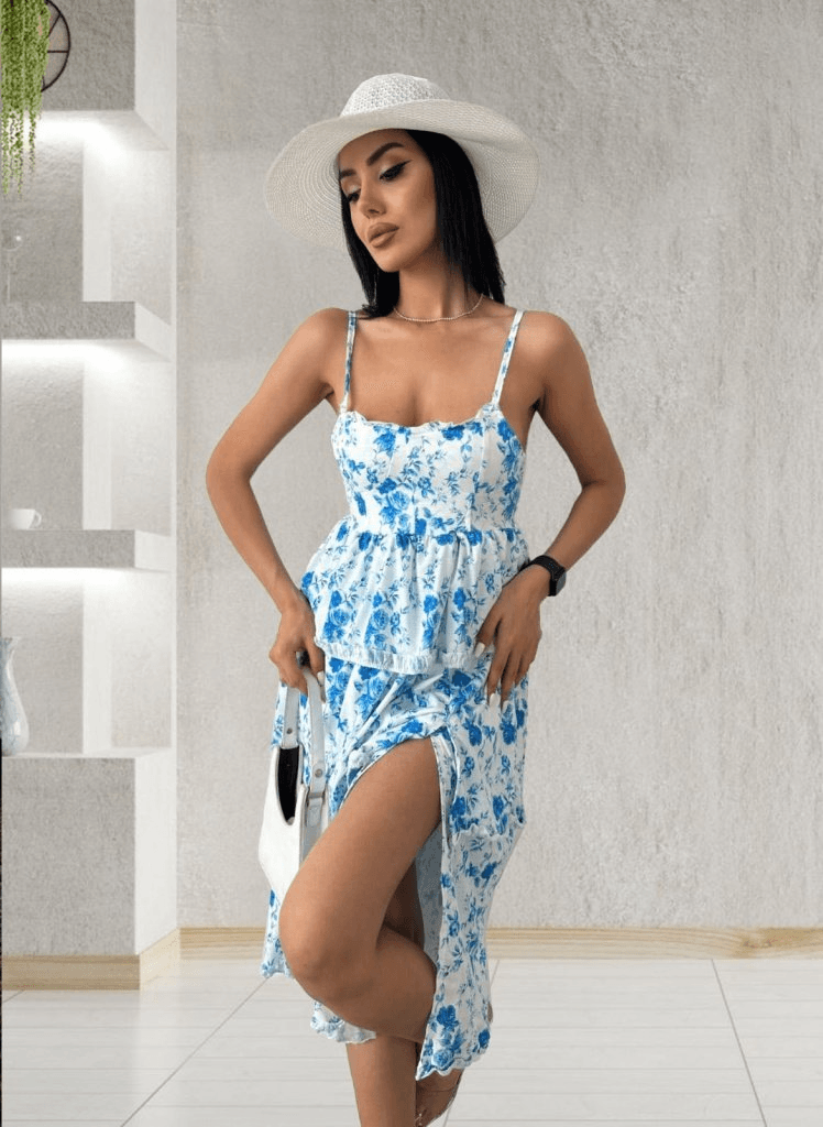 Women's Sleeveless Spaghetti Strap Floral Print Suprem Midi Dress with Ruffle Details - Janes - by Peralane - photo 14