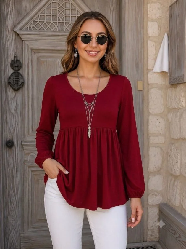 Women's Long Sleeve Round Neck Viscose Blouse in Dark Red - Janes - by Peralane