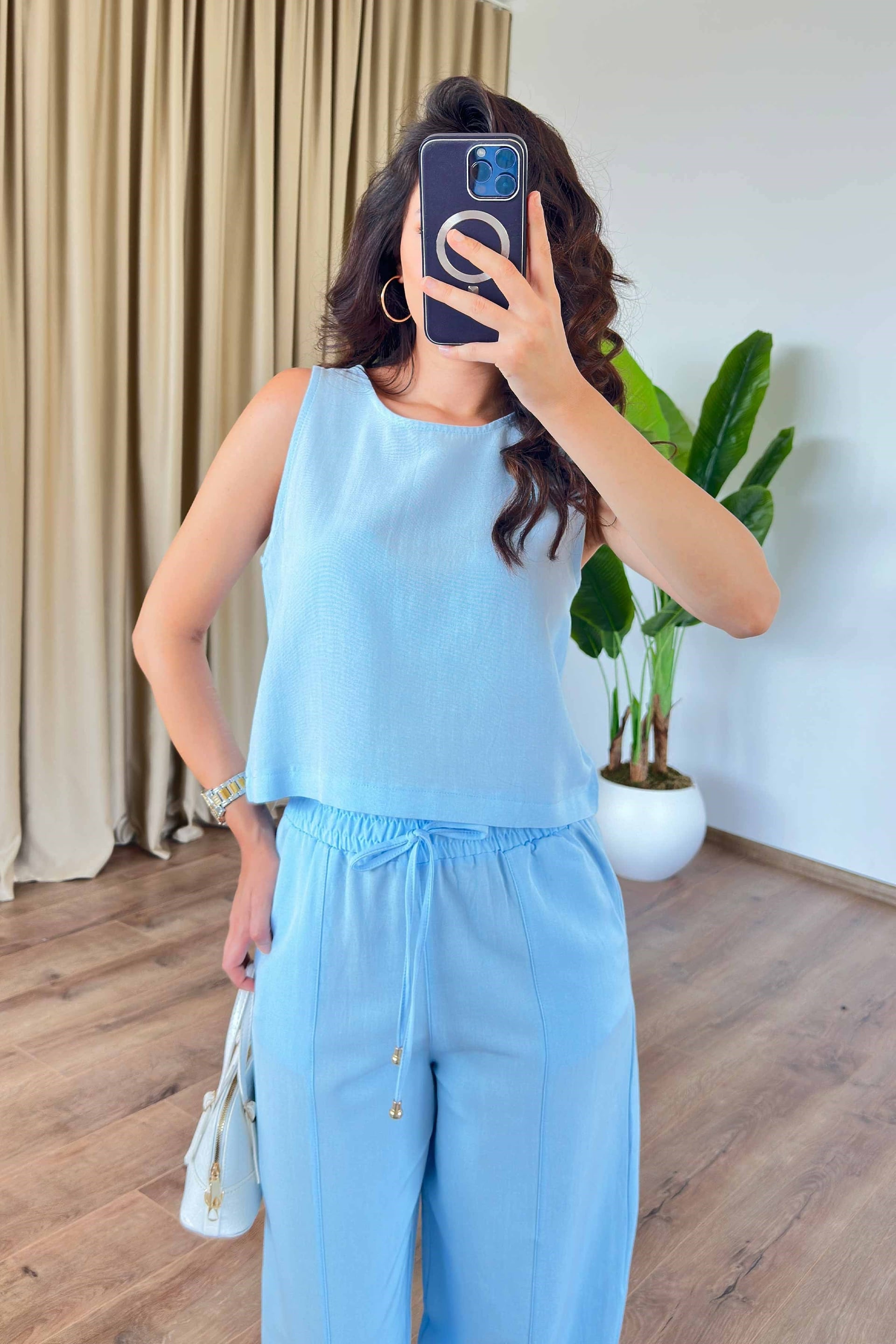 Baby Blue Tie-Neck Linen-Blend Two-Piece Set - Lustri̇n - by Peralane - photo 2