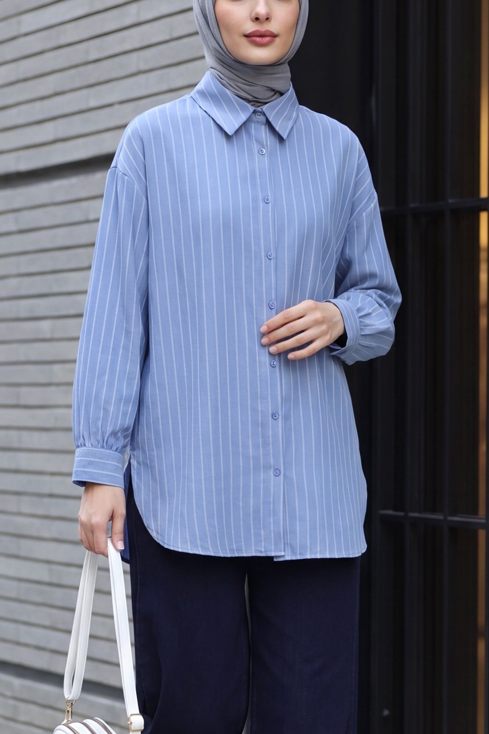 Striped Side-Slit Oversized Linda Tunic - Ice Blue - Podyumplus - by Peralane - photo 3