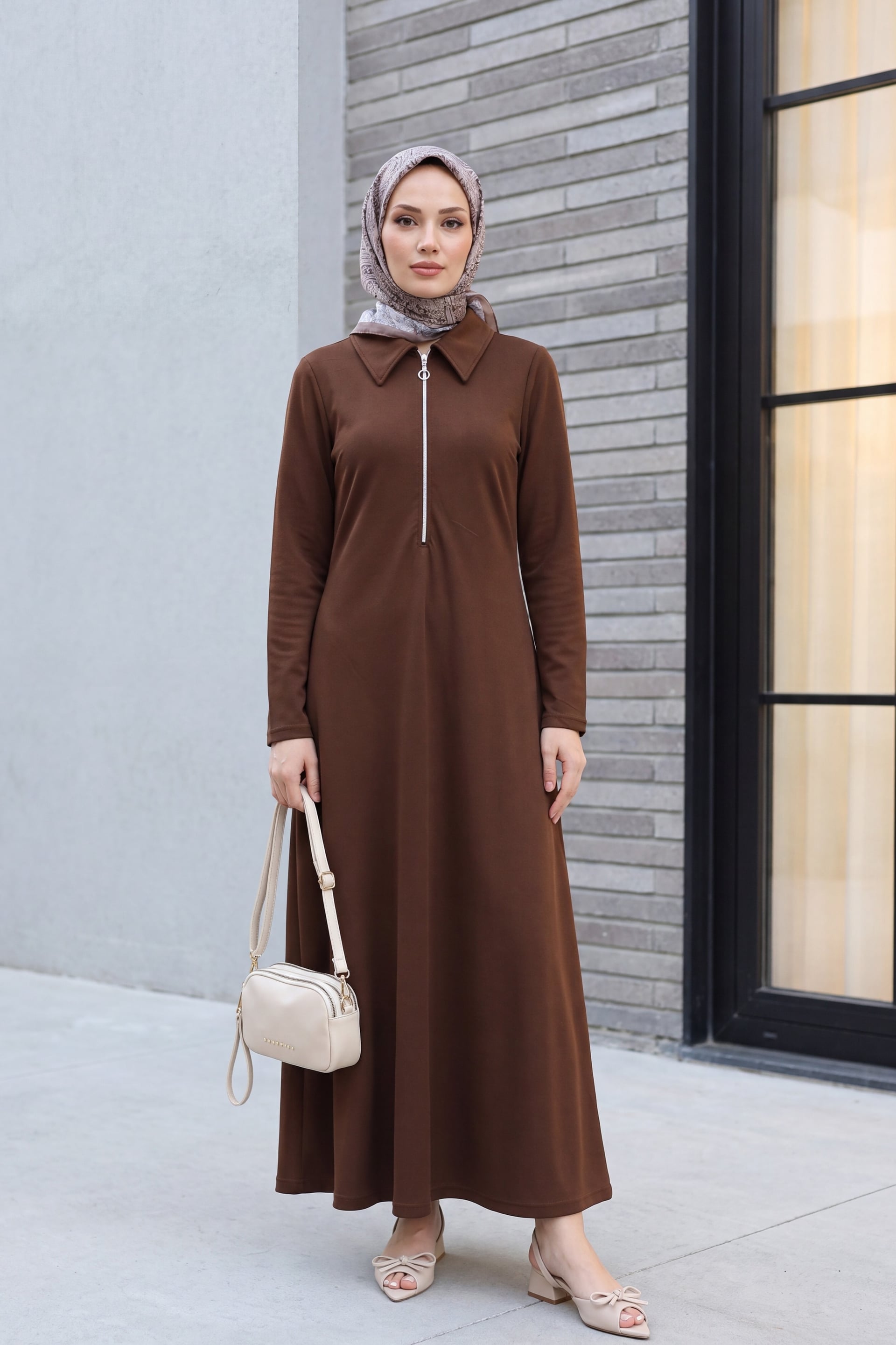 Half-Zip Long-Sleeve Shirt Collar Maxi Dress - Brown - Podyumplus - by Peralane - photo 3