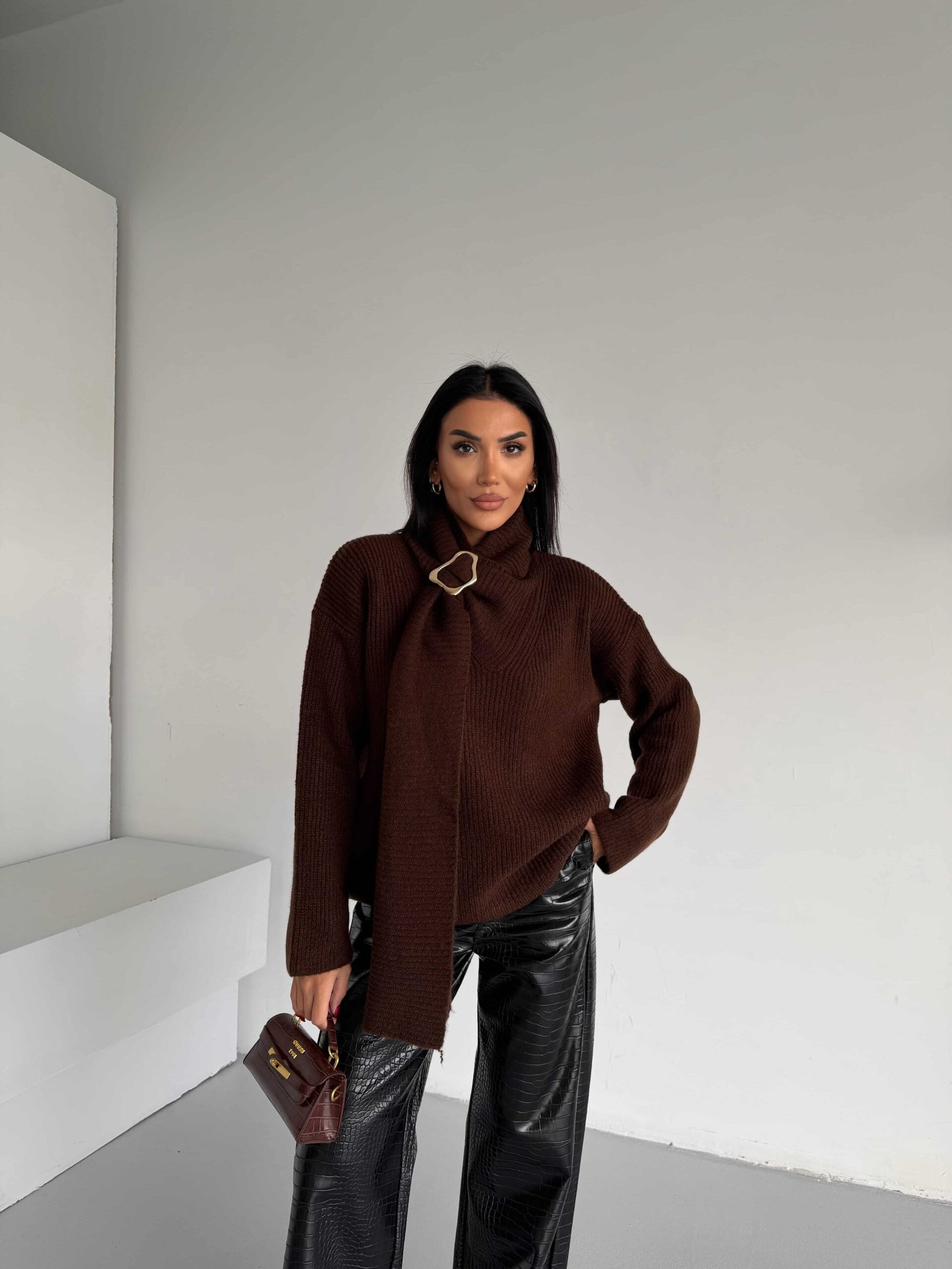 Brown Ribbed Knit Sweater with Scarf Detail for Women - My Bee - by Peralane - photo 3