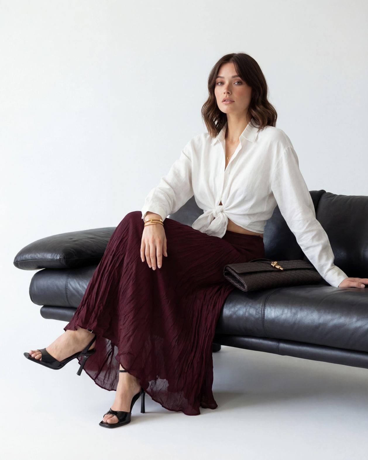 Women's White Blouse and Bordeaux Pleated Skirt Set - Fame - by Peralane - photo 4