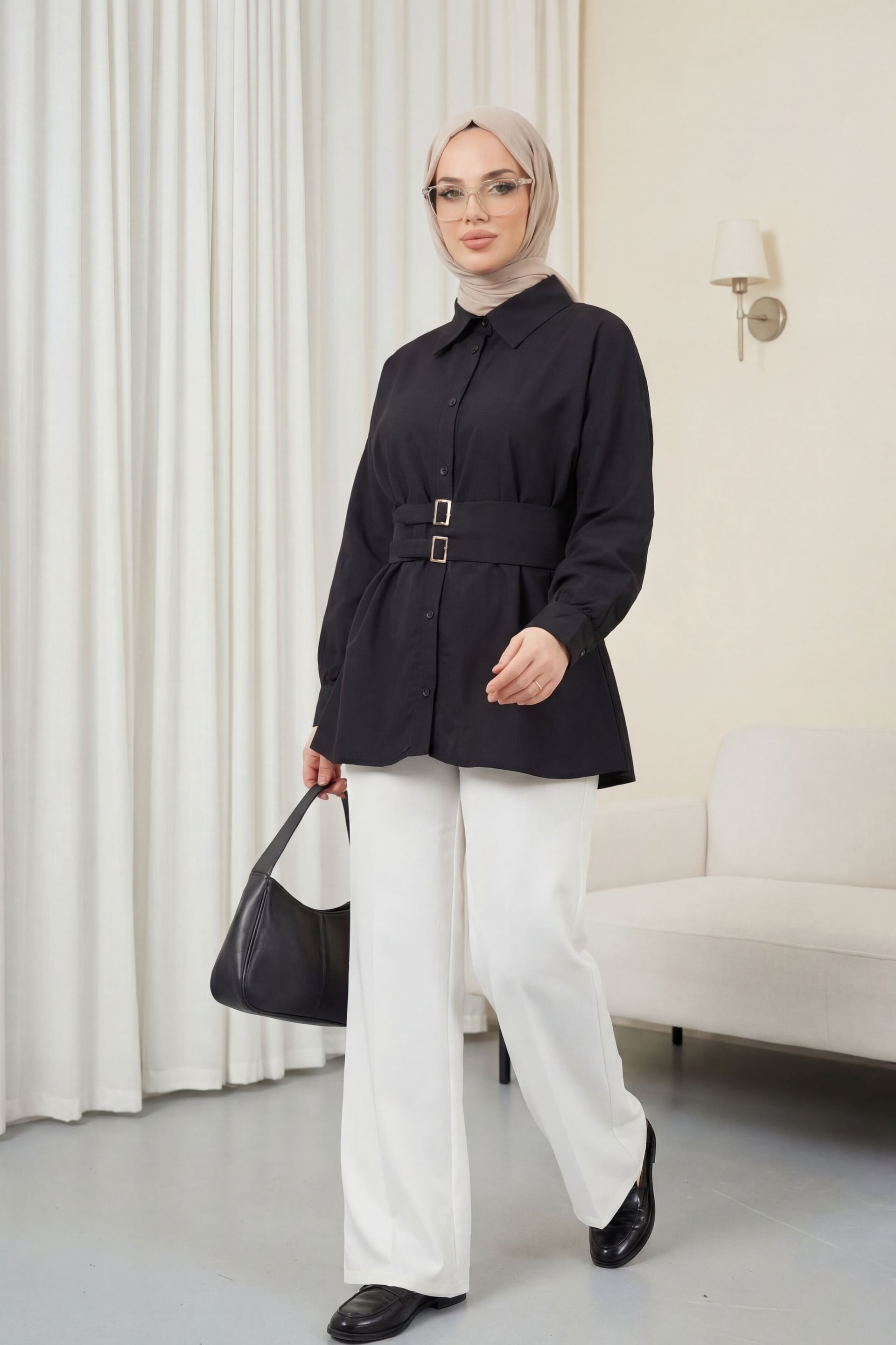 Black Double-Buckle Belted Button-Front Blouse - Podyumplus - by Peralane - photo 4