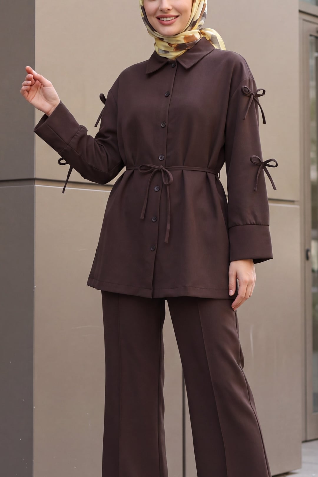 Bow Detail Crepe Tunic and Trousers Set - Dark Brown - Podyumplus - by Peralane