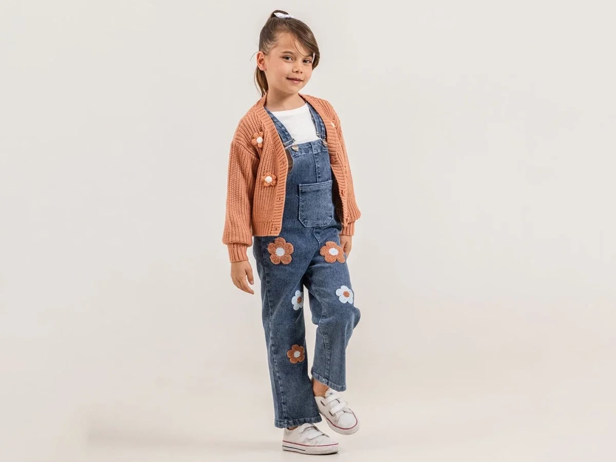 Girls' Knit Cardigan and Denim Overall Set - Salmon - Pampal Kids - by Peralane