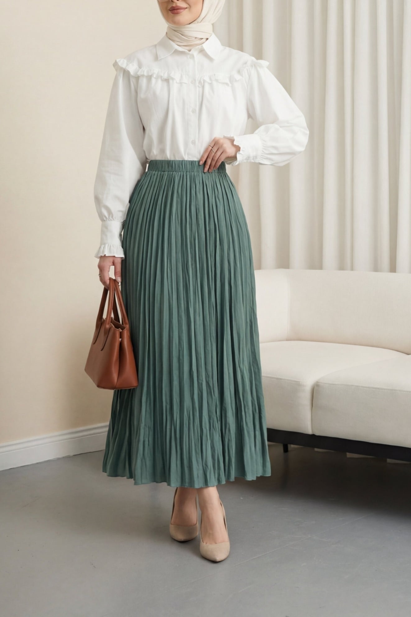 Women's High-Waisted Pleated Midi Skirt with Elastic Waistband - Muted Green - Podyumplus - by Peralane