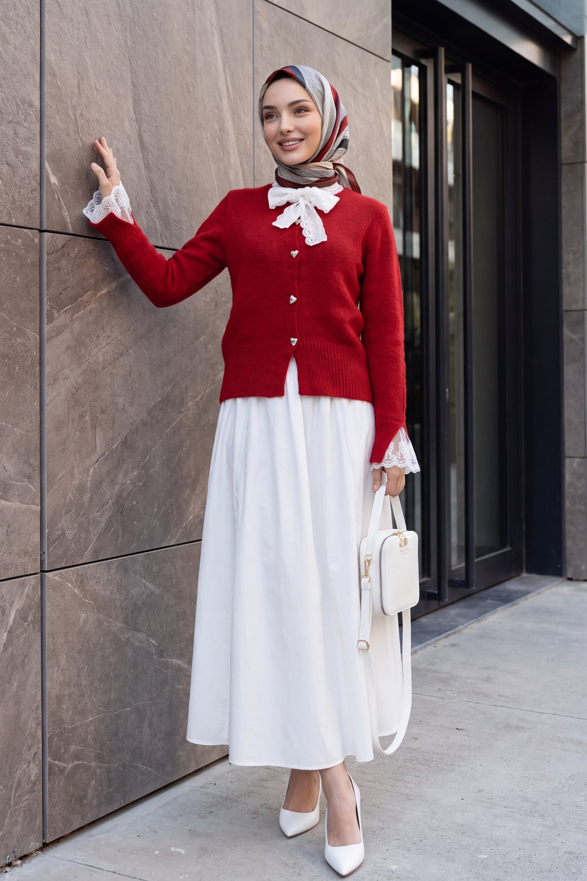 Red Knit Cardigan with Scarf Collar and Lace Details - Podyumplus - by Peralane - photo 3