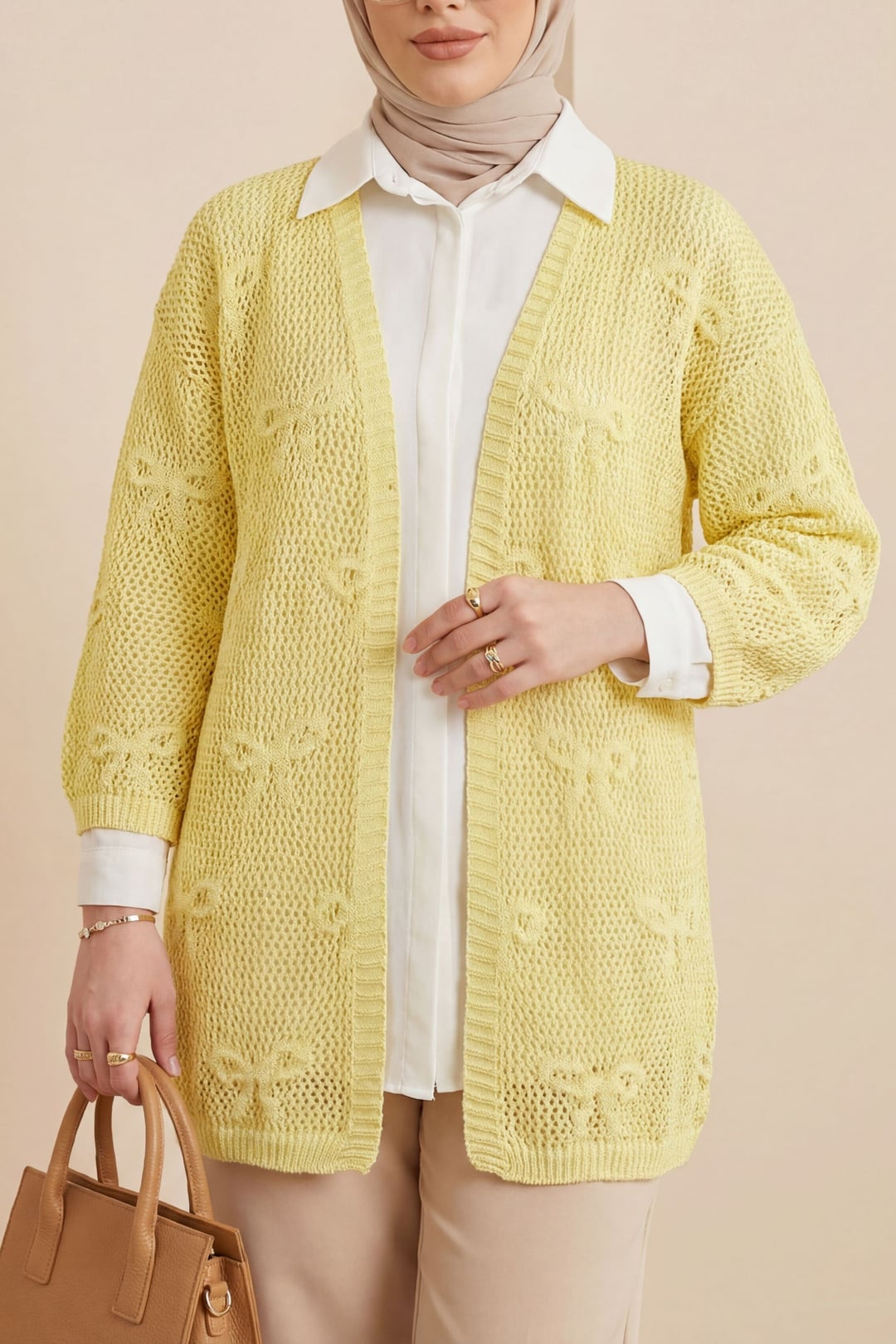Bow Patterned Openwork Knit Cardigan - Yellow - Podyumplus - by Peralane - photo 3
