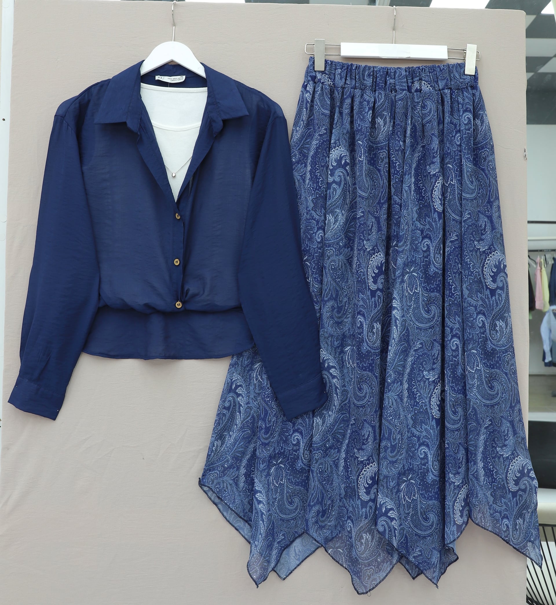 Navy Blue Crop Bodysuit Blouse with Long Back and Necklace Detail - Podyumplus - by Peralane - photo 3