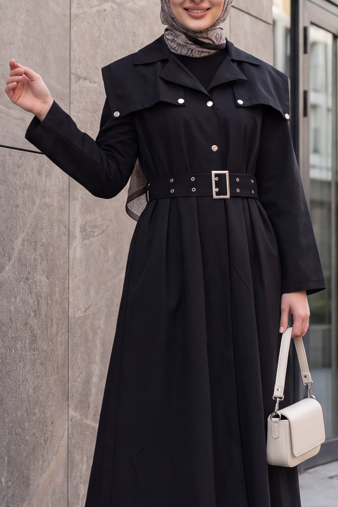 Half-Button Collared Side-Pocket Belted Cotton Satin Dress - Black - Podyumplus - by Peralane