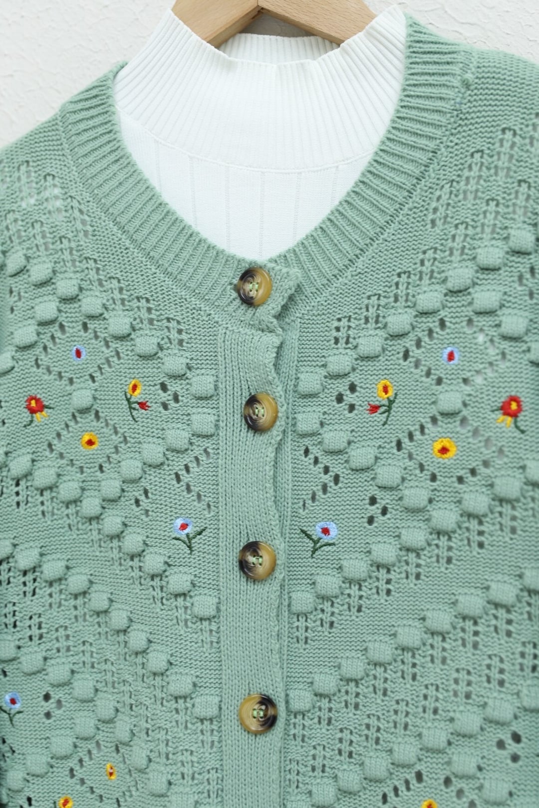 Floral Embroidered Pompon Openwork Knit Cardigan - Sea Green - Podyumplus - by Peralane - photo 2