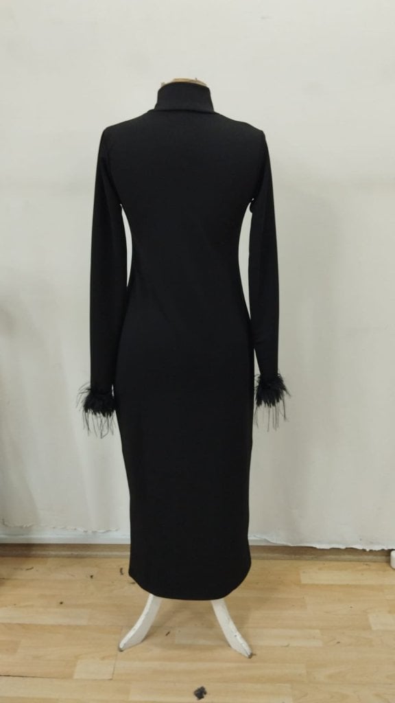 Women's Long-Sleeved High-Neck Feather-Trimmed Long Crepe Dress - Janes - by Peralane - photo 5