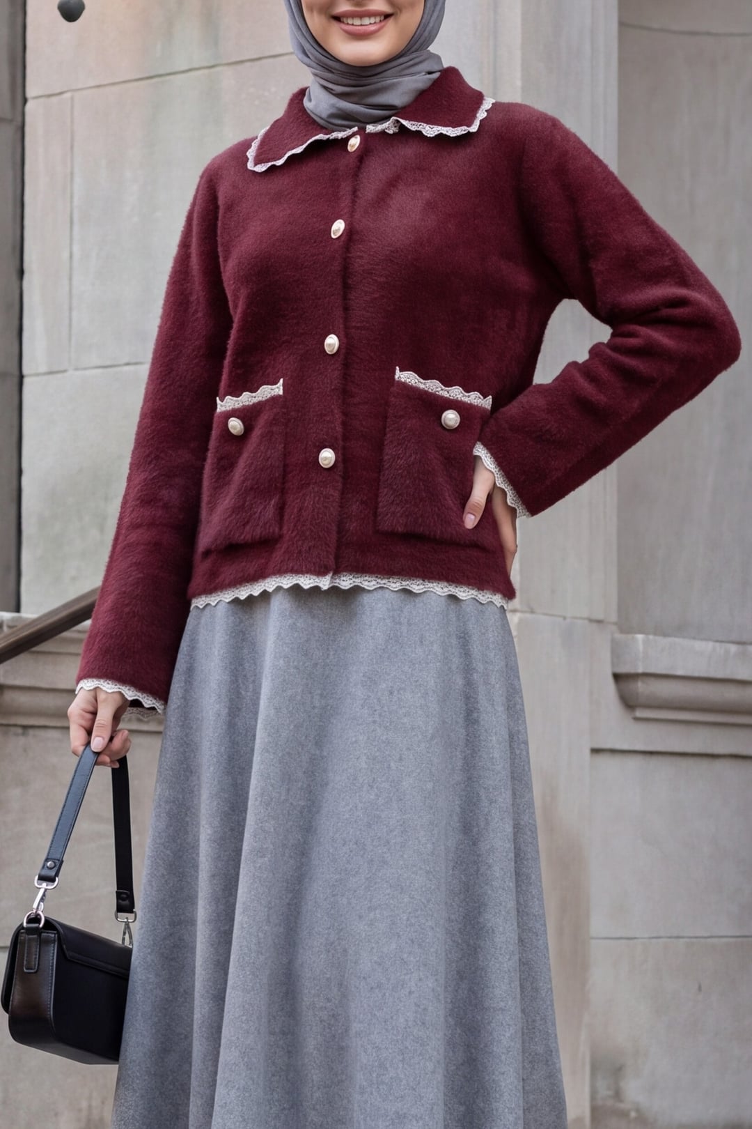 Burgundy Lace Trim Pearl Button Cardigan - Podyumplus - by Peralane