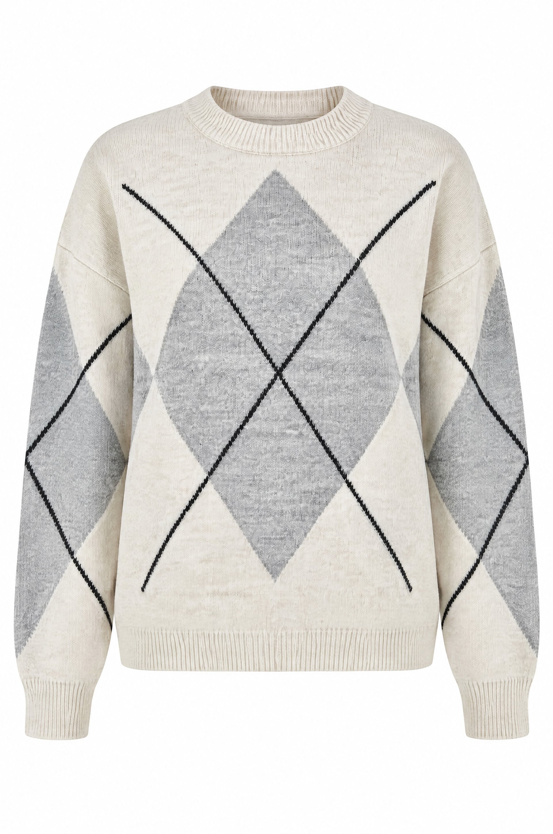 Cream Argyle Pattern Oversize Knit Sweater - Women's - Bigdart - by Peralane