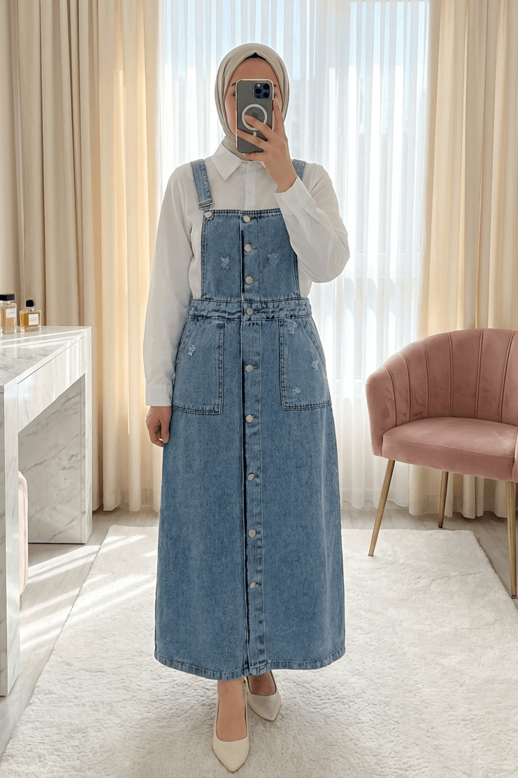 Distressed Denim Pinafore Dress with Full-Length Buttons and Two Pockets - Light Blue - Podyumplus - by Peralane