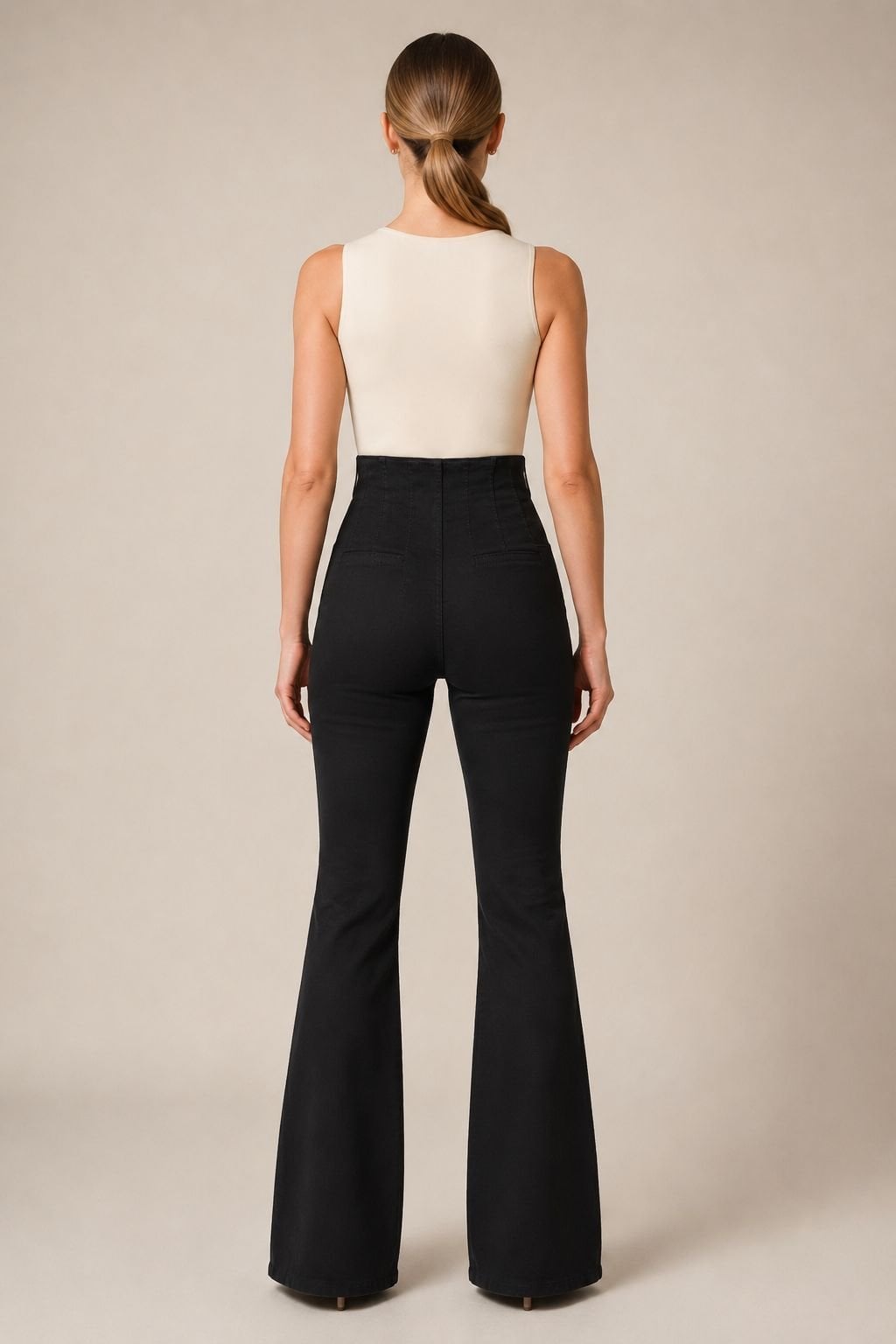 High-Waisted Flared Denim Trousers with Button and Zip Closure – Black - Xlove - by Peralane - photo 6