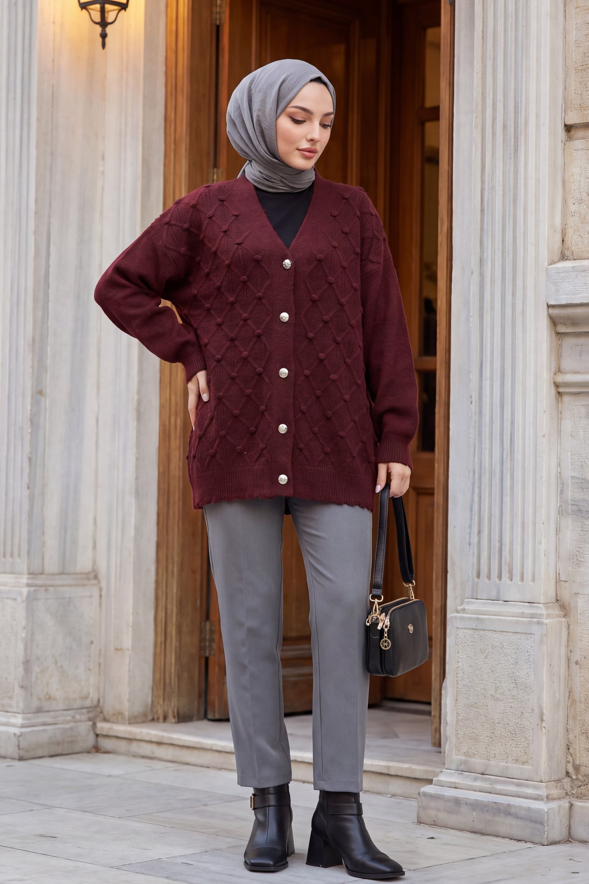 Women's Maroon Knit Cardigan with Raised Bobble Details - Podyumplus - by Peralane - photo 5