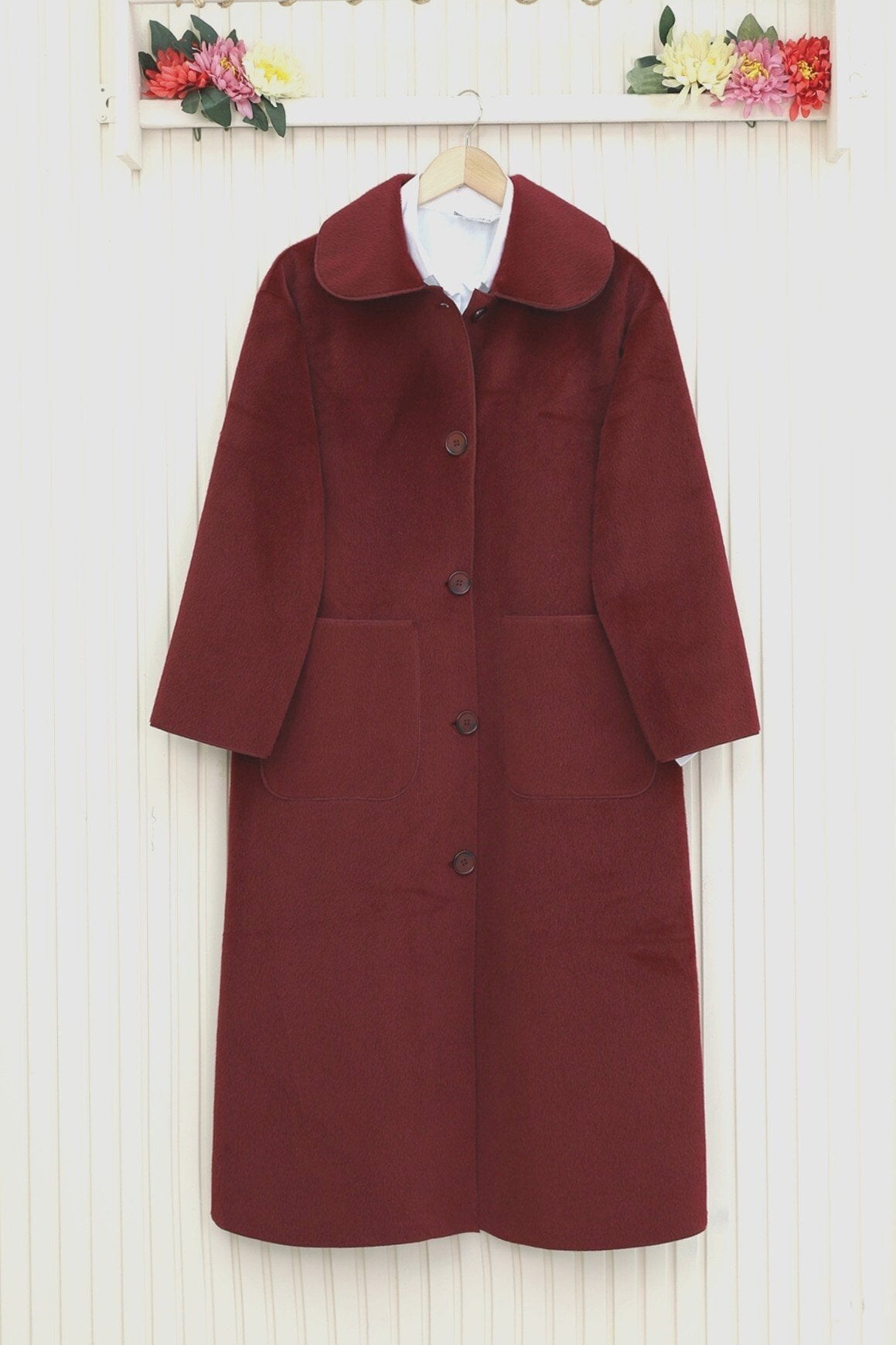 Long Single-Breasted Button Coat - Burgundy - Podyumplus - by Peralane - photo 8