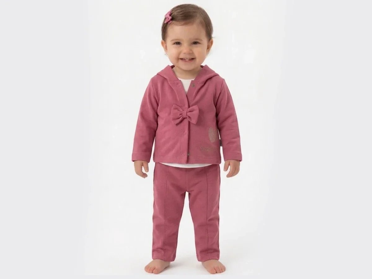 Baby Girl's Hooded Jacket and Trousers Set with Bow and Heart Motif (3-18 Months) - Elci Baby - by Peralane