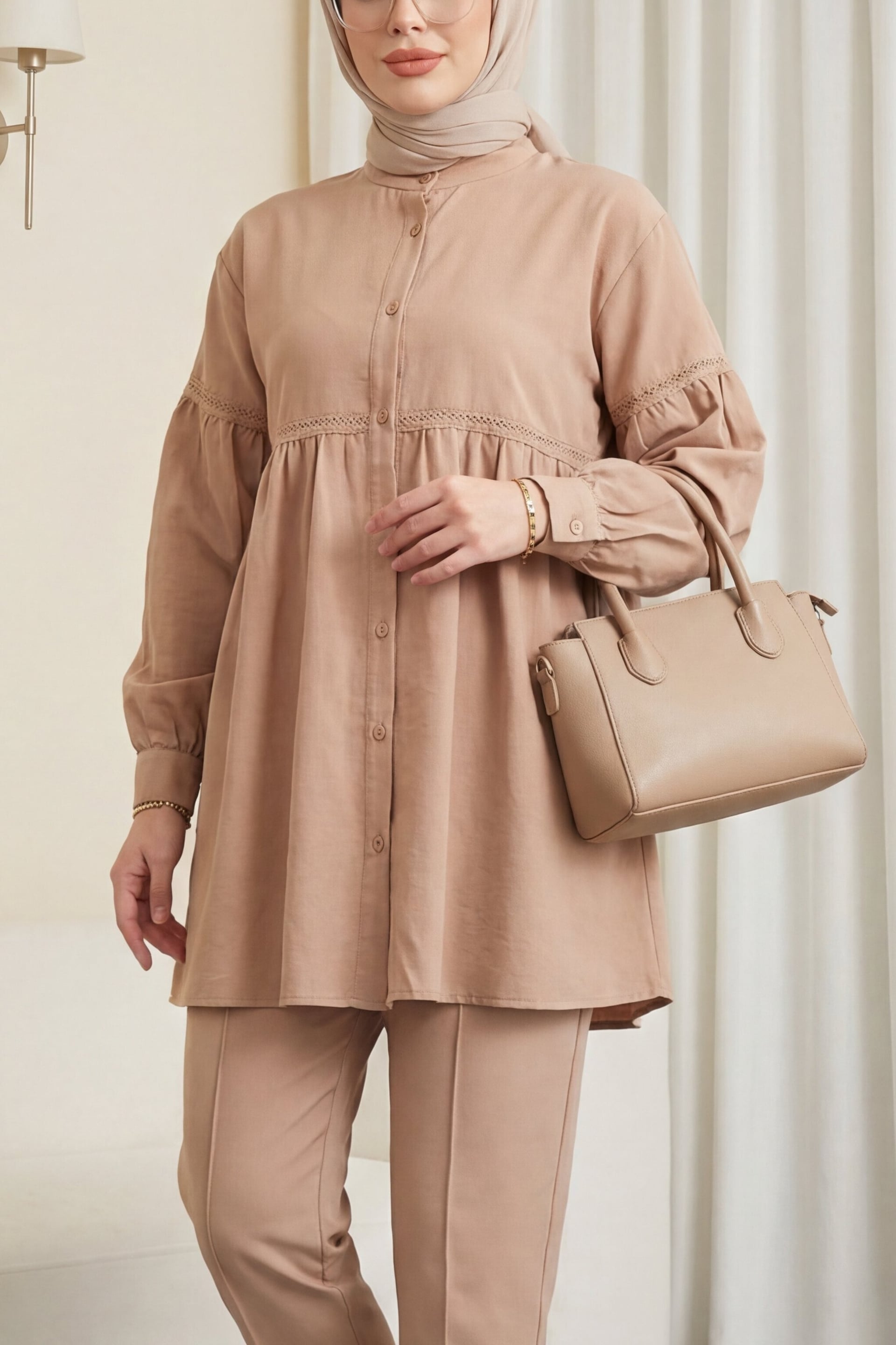 Women's Modest Linen Look Tunic and Trousers Set - Caramel - Podyumplus - by Peralane - photo 6