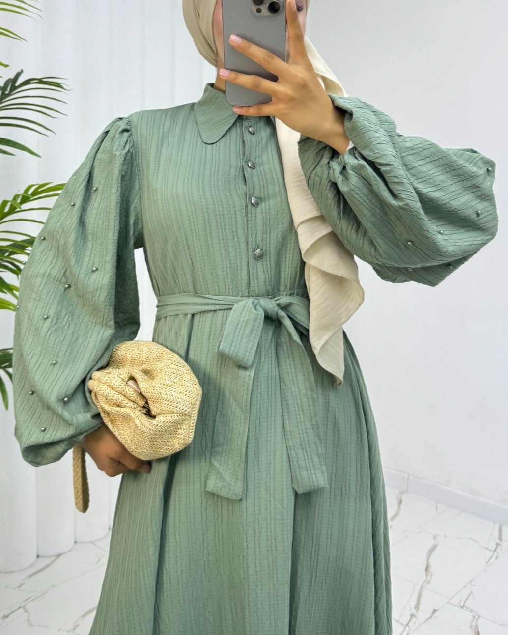 Pearl Detail Balloon Sleeve Crinkle Dress - Sage Green - Podyumplus - by Peralane - photo 6
