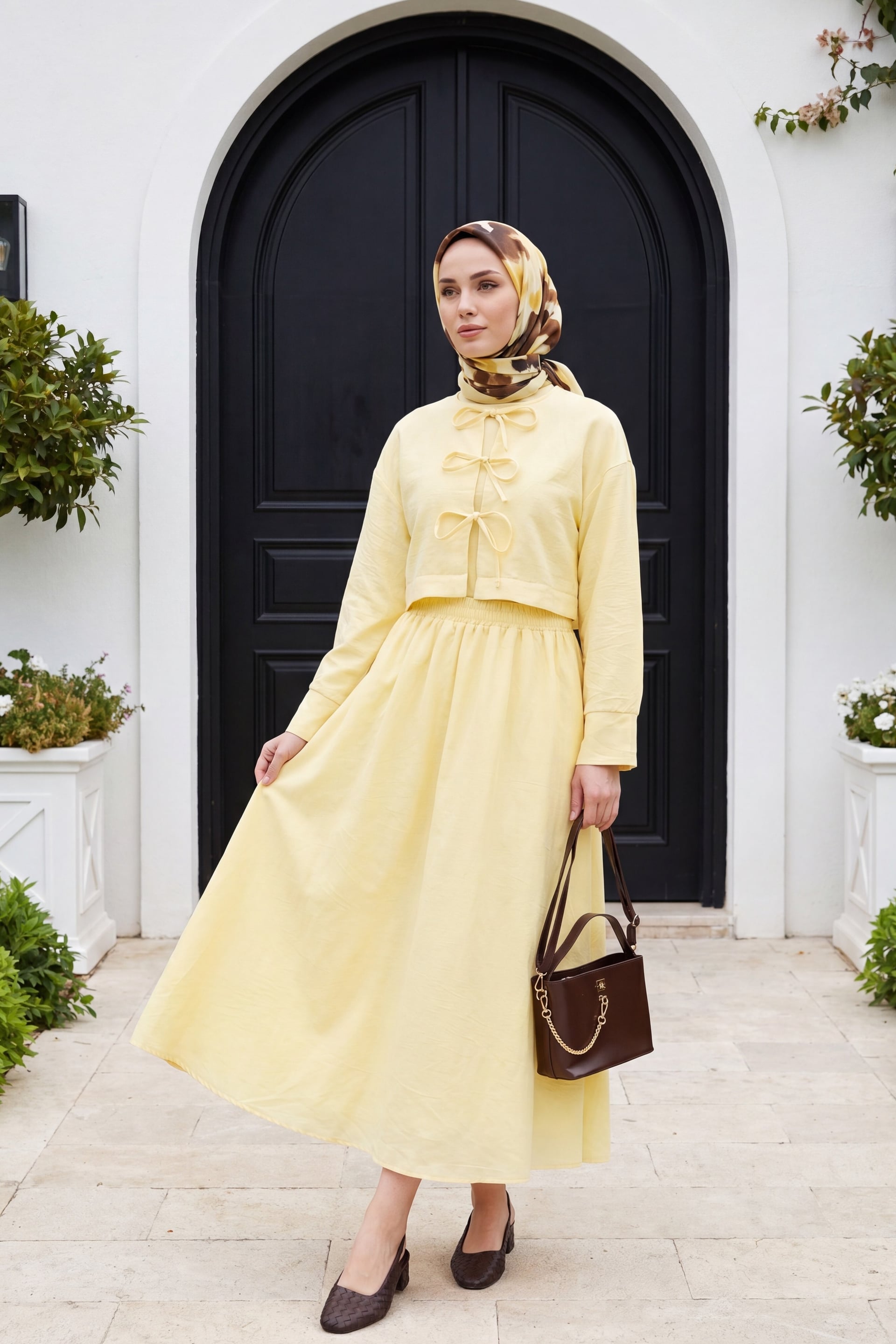 Women's Linen Look Two-Piece Set with Lace-Up Front and Elastic Waist Skirt - Yellow - Podyumplus - by Peralane