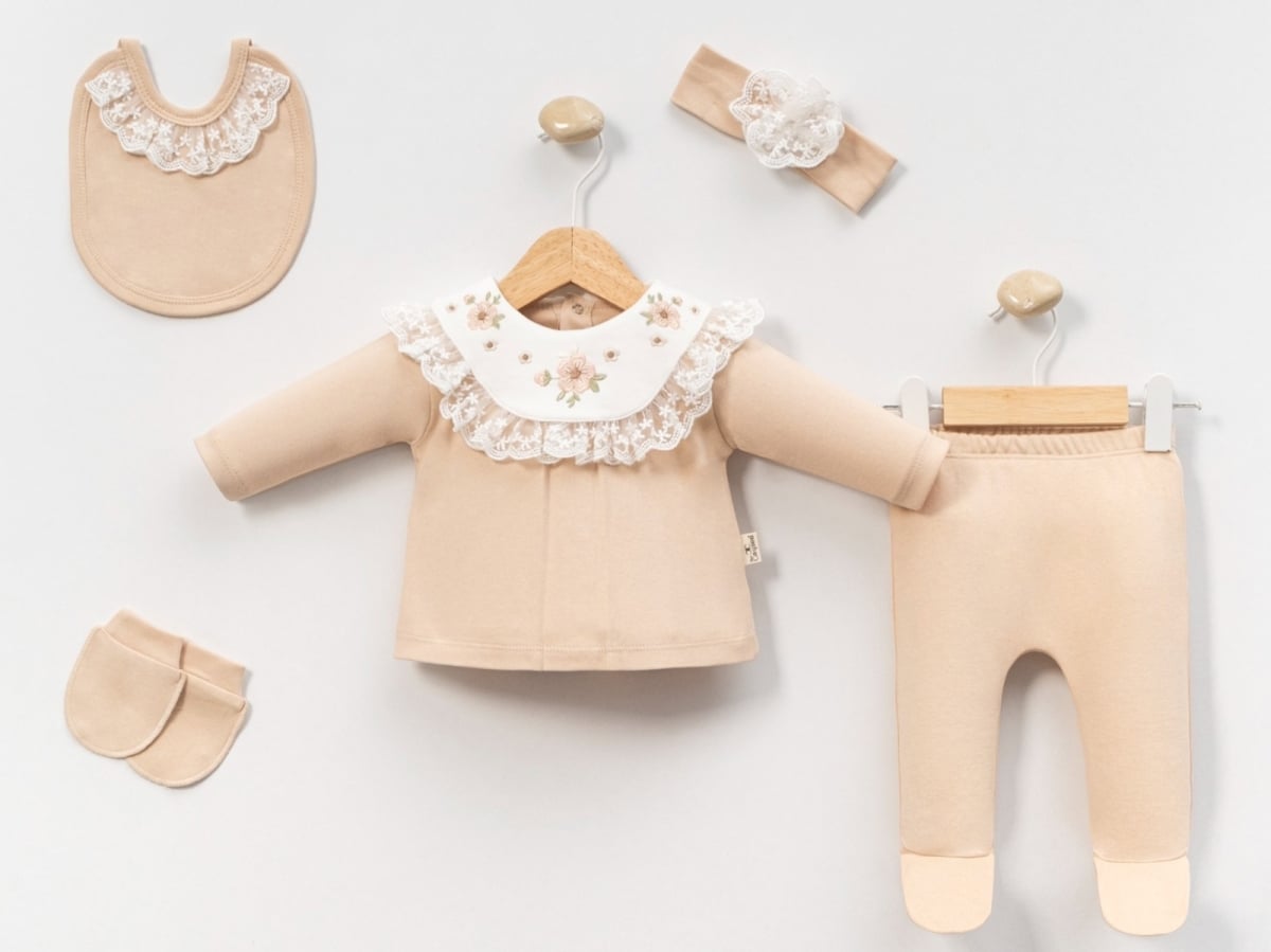 Beige Floral Embroidered Lace 2-Piece Hospital Exit Set for Newborn Girls - Cayzen - by Peralane