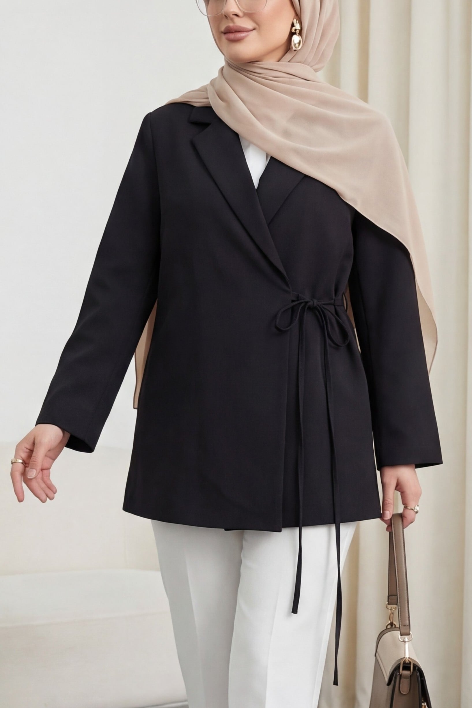 Side Lace-Up Back Slit Lined Double Crepe Blazer - Black - Podyumplus - by Peralane - photo 5