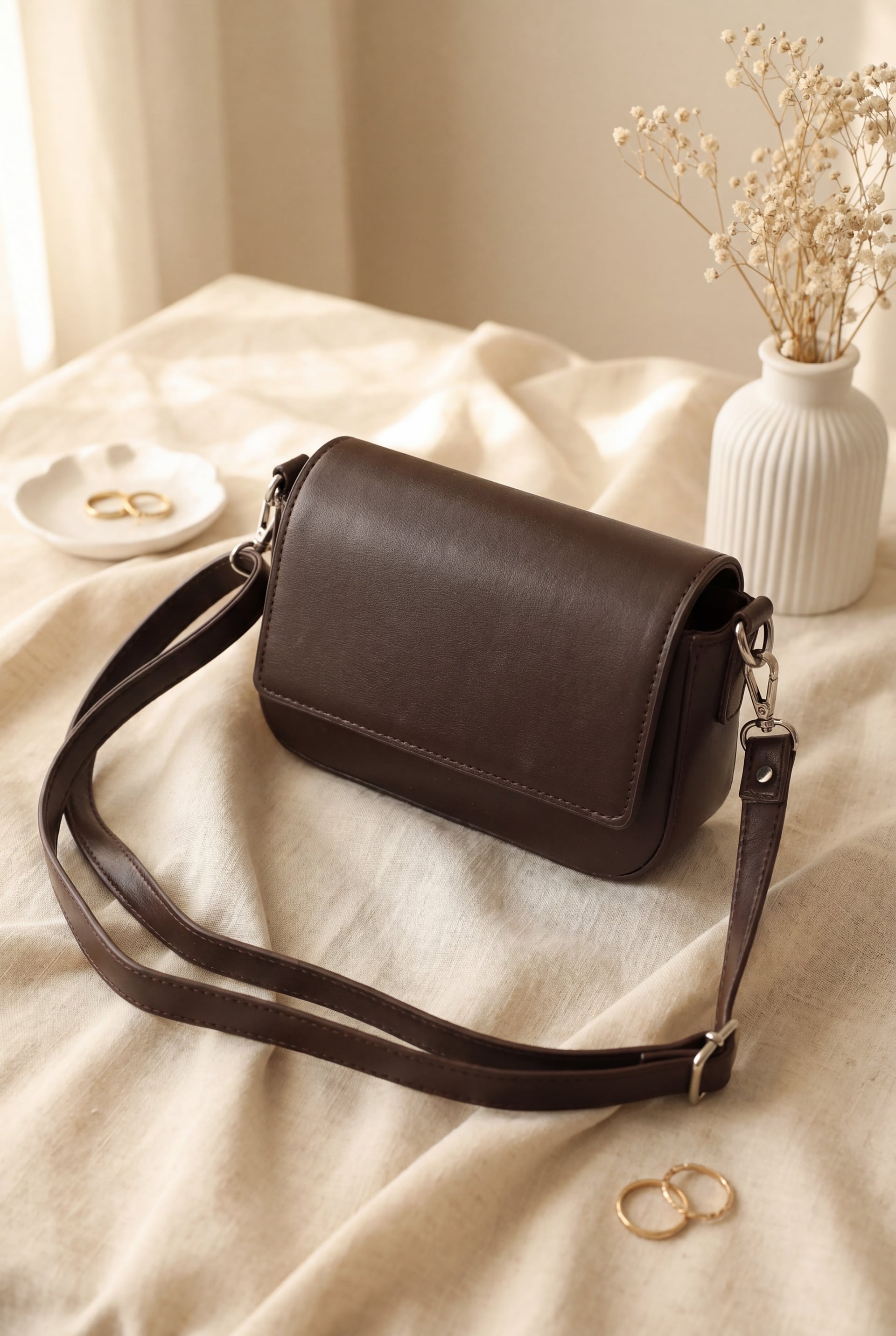 Minimalist Magnetic Flap Crossbody Bag - Dark Brown - Podyumplus - by Peralane