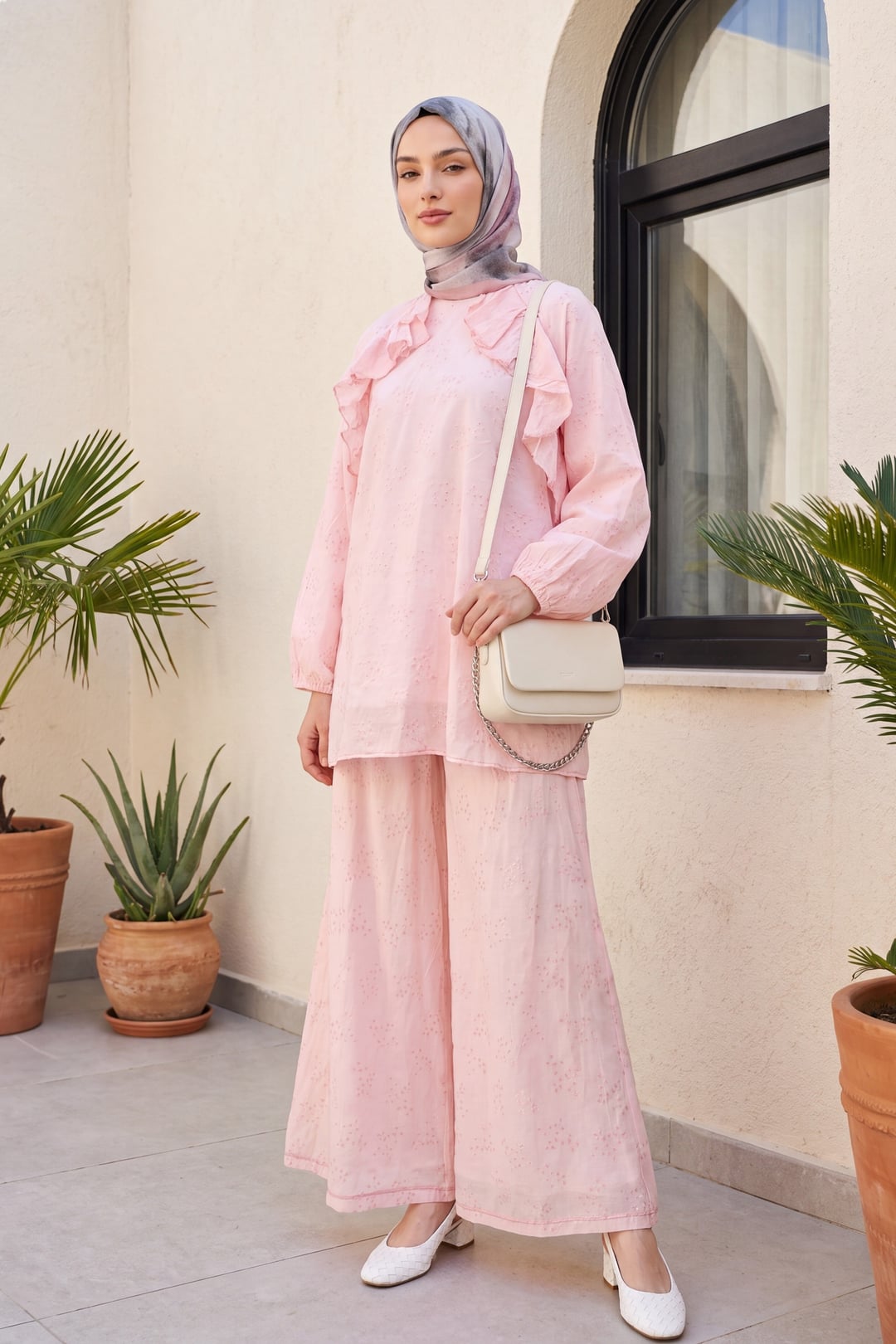 Crew Neck Frill Front Lined Voile Set - Powder - Podyumplus - by Peralane - photo 2