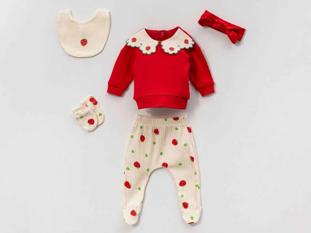 Strawberry Print 5-Piece Baby Girl Set - Red - Vovido - by Peralane