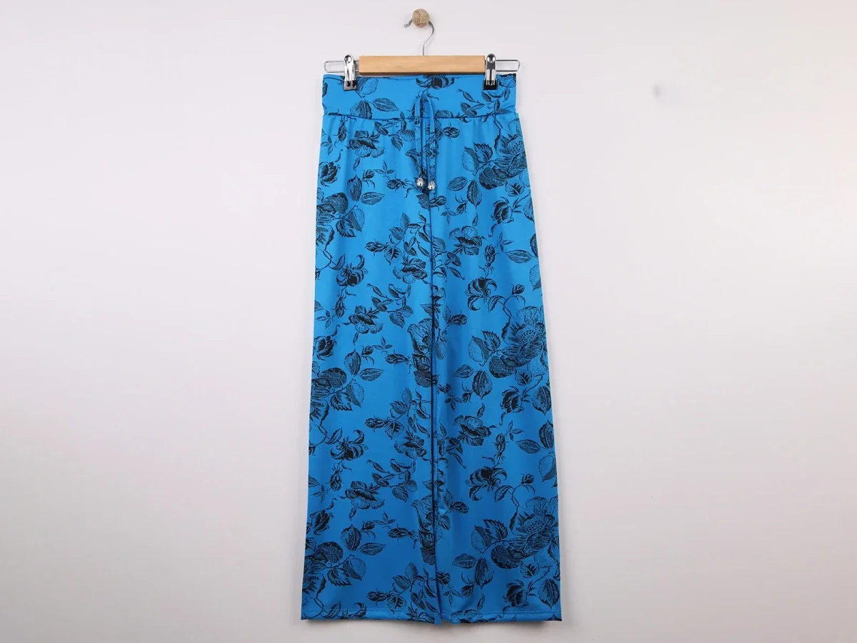 Patterned Palazzo Girl's Trousers - Bright Blue with Black Floral Print - Langa - by Peralane