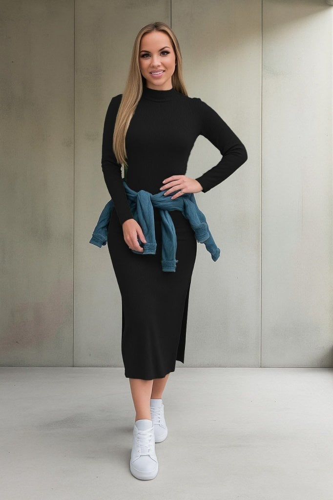Women's Long-Sleeved Ribbed Knit Midi Dress with Mock Neck and Side Slit - Janes - by Peralane - photo 4
