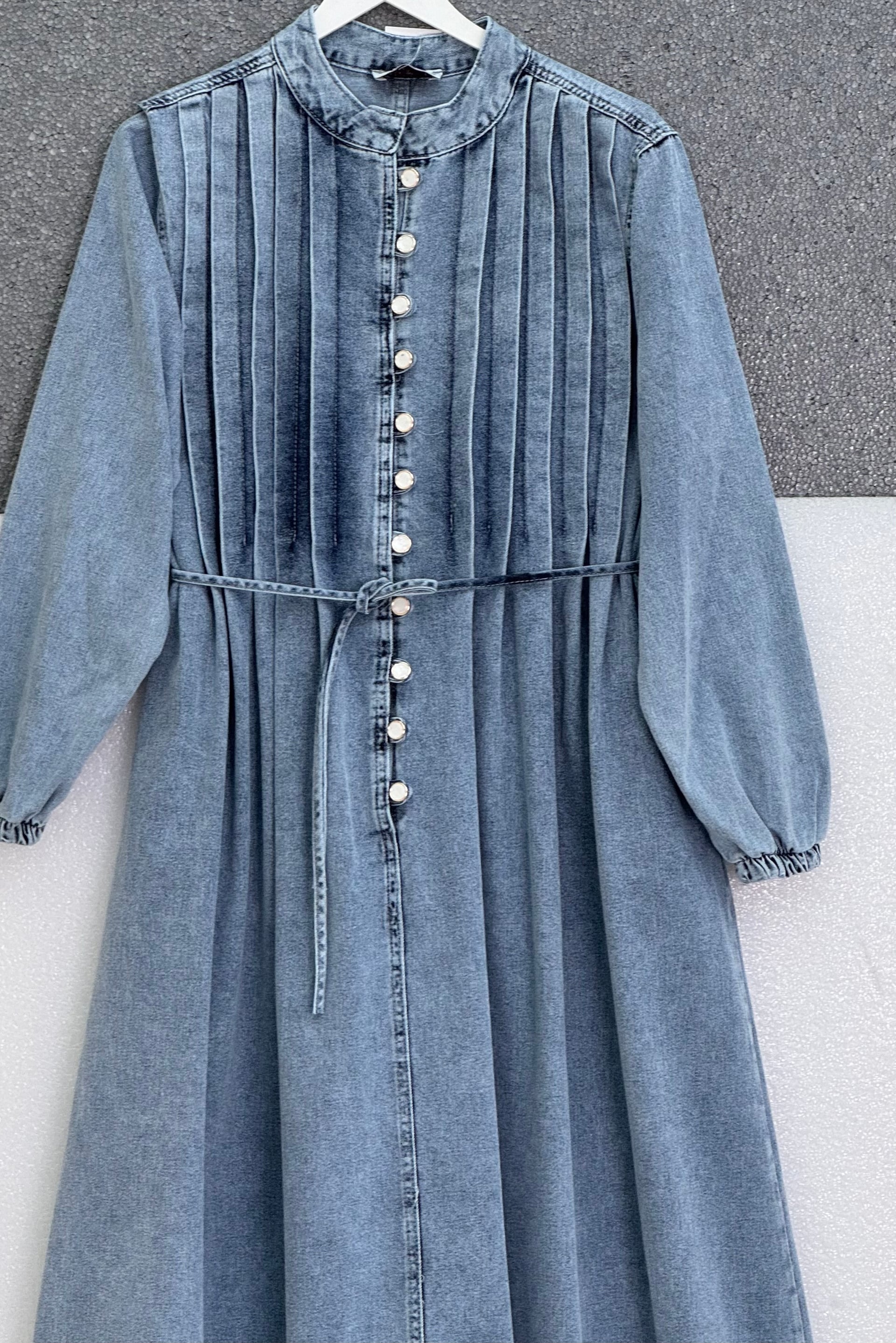 Half Button Denim Dress with Tie Waist and Elastic Cuffs - Ice Blue - Podyumplus - by Peralane - photo 7