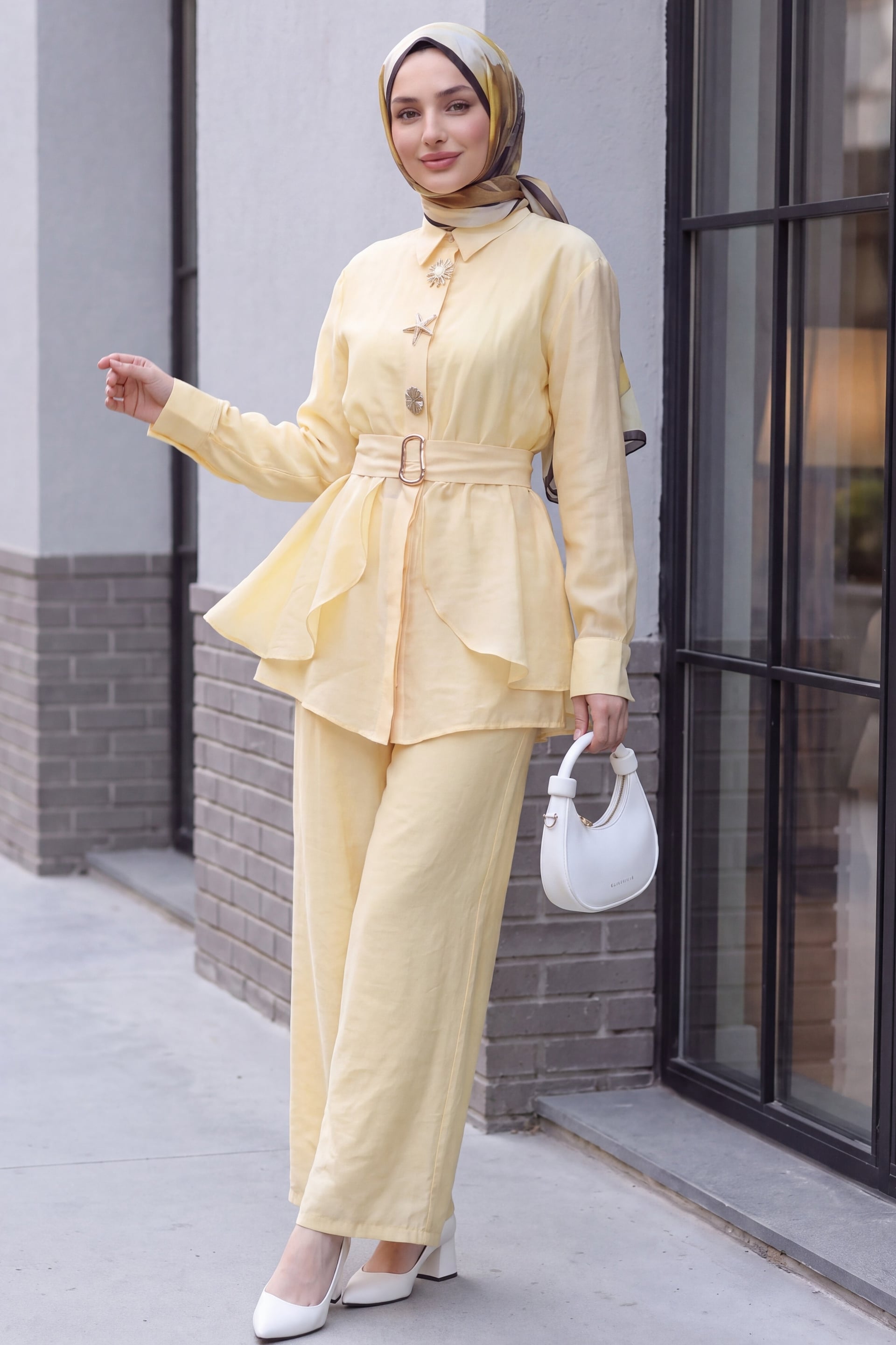 Lined Cupra Two-Piece Set with Elastic Belt and Pocketed Trousers - Yellow - Podyumplus - by Peralane