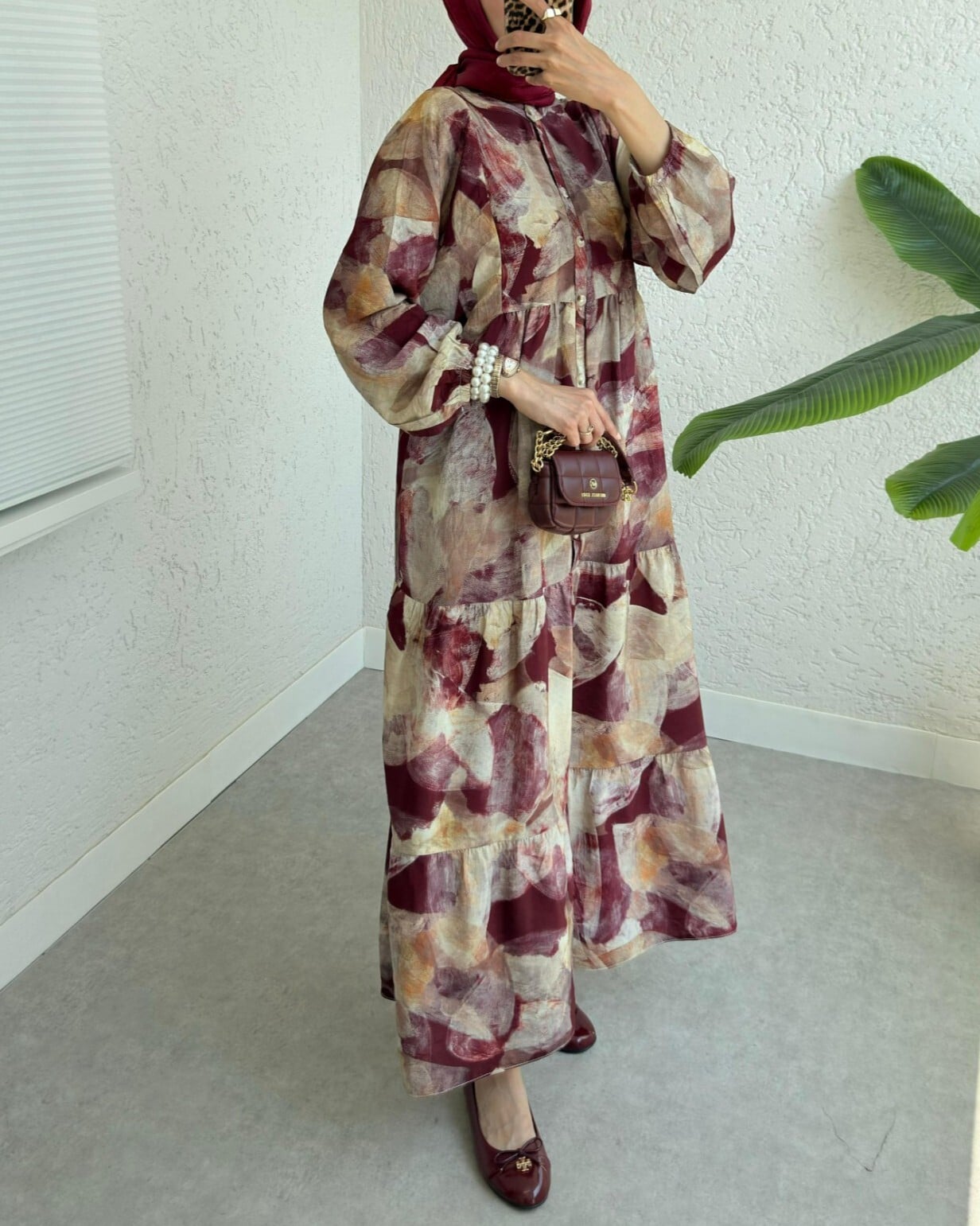 Half Button Batik Print Dress with Elastic Sleeves - Bordeaux - Podyumplus - by Peralane - photo 4