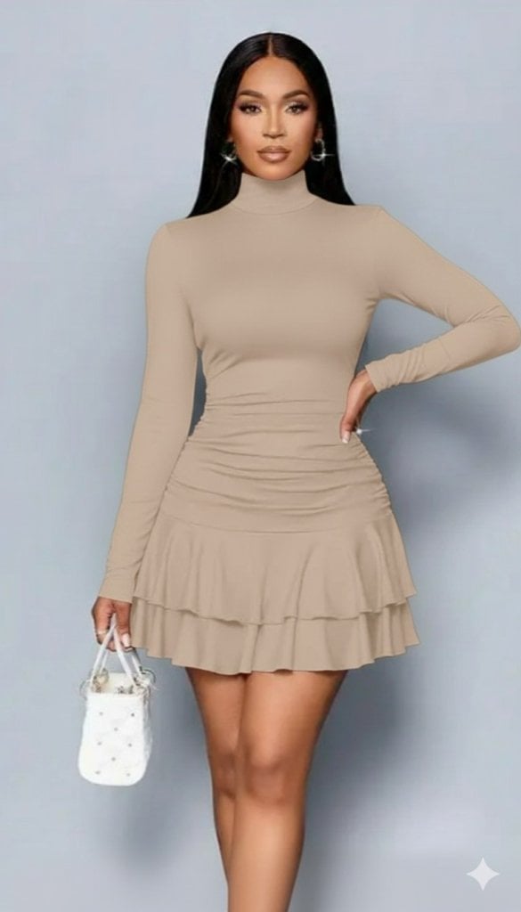 Women's Long-Sleeved Mock Neck Mini Dress with Tiered Ruffle Hem - Janes - by Peralane