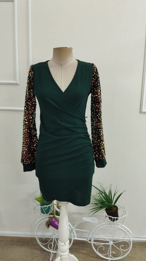 Women's Long Sleeve Sequin Faux Wrap Dress with Side Buttons in Emerald Green - Janes - by Peralane - photo 4