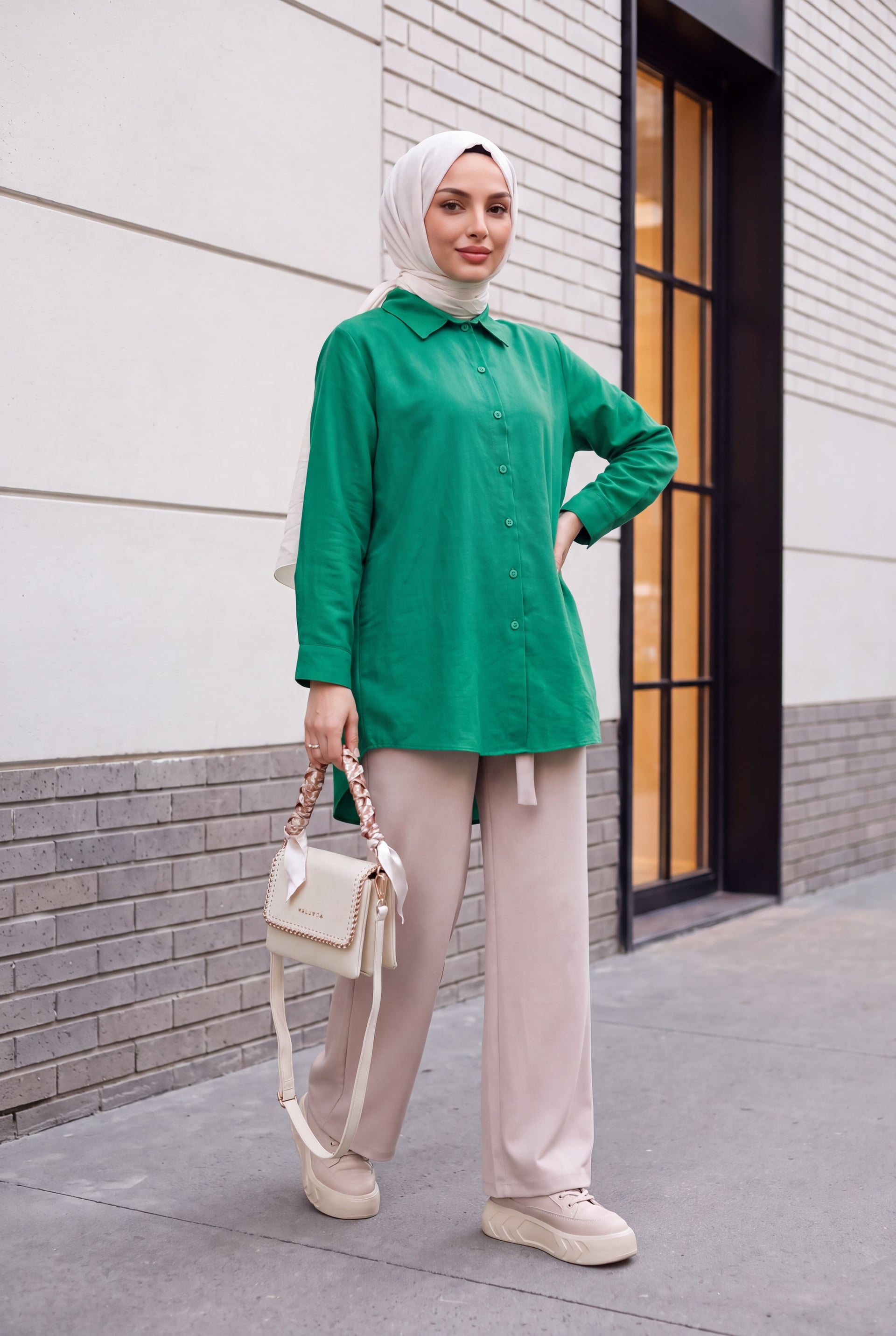 Long Back Button Poplin Blouse - Green - Podyumplus - by Peralane - photo 3