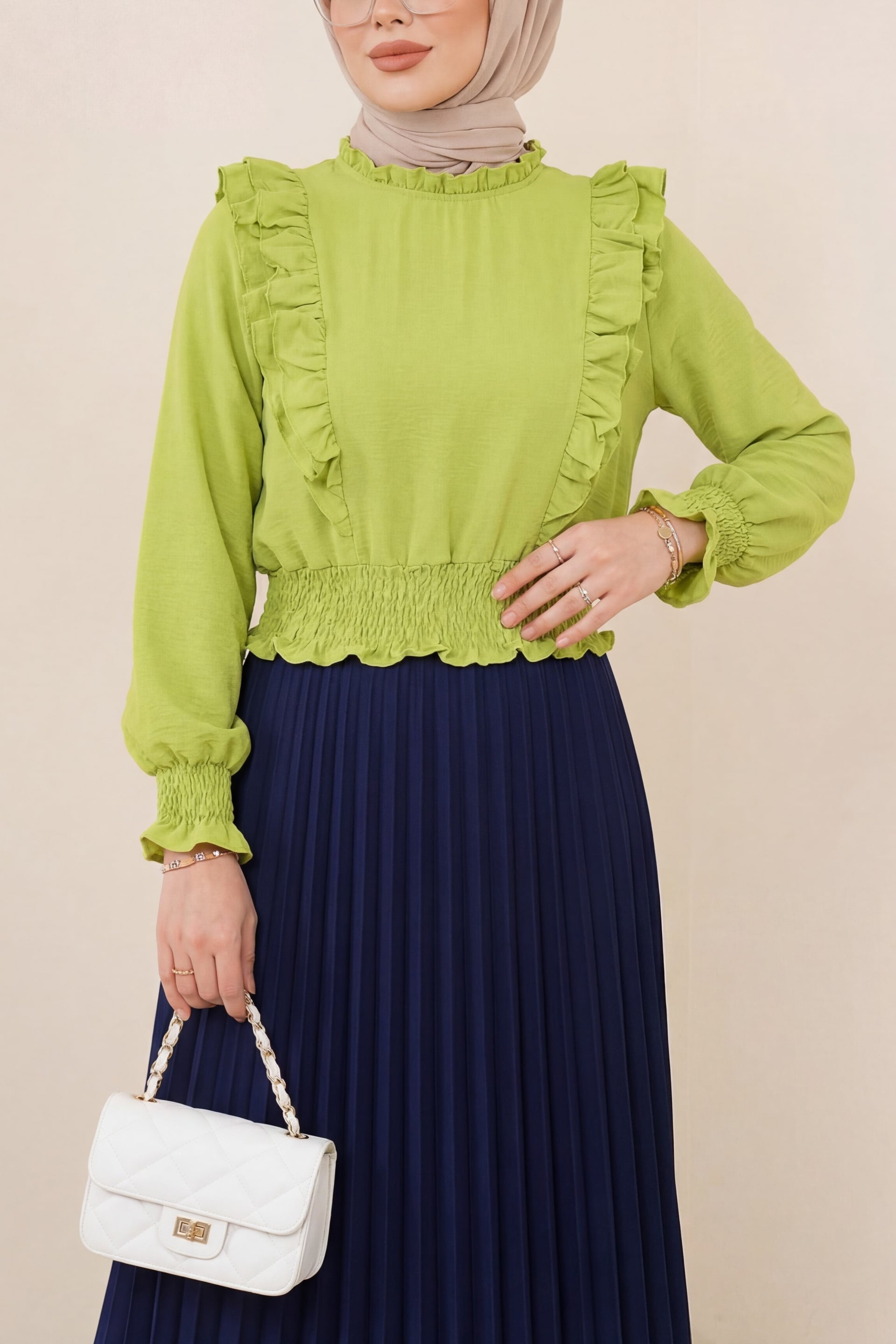 Ruffle Yoke Smocked Waist Blouse - Pistachio Green - Podyumplus - by Peralane - photo 6