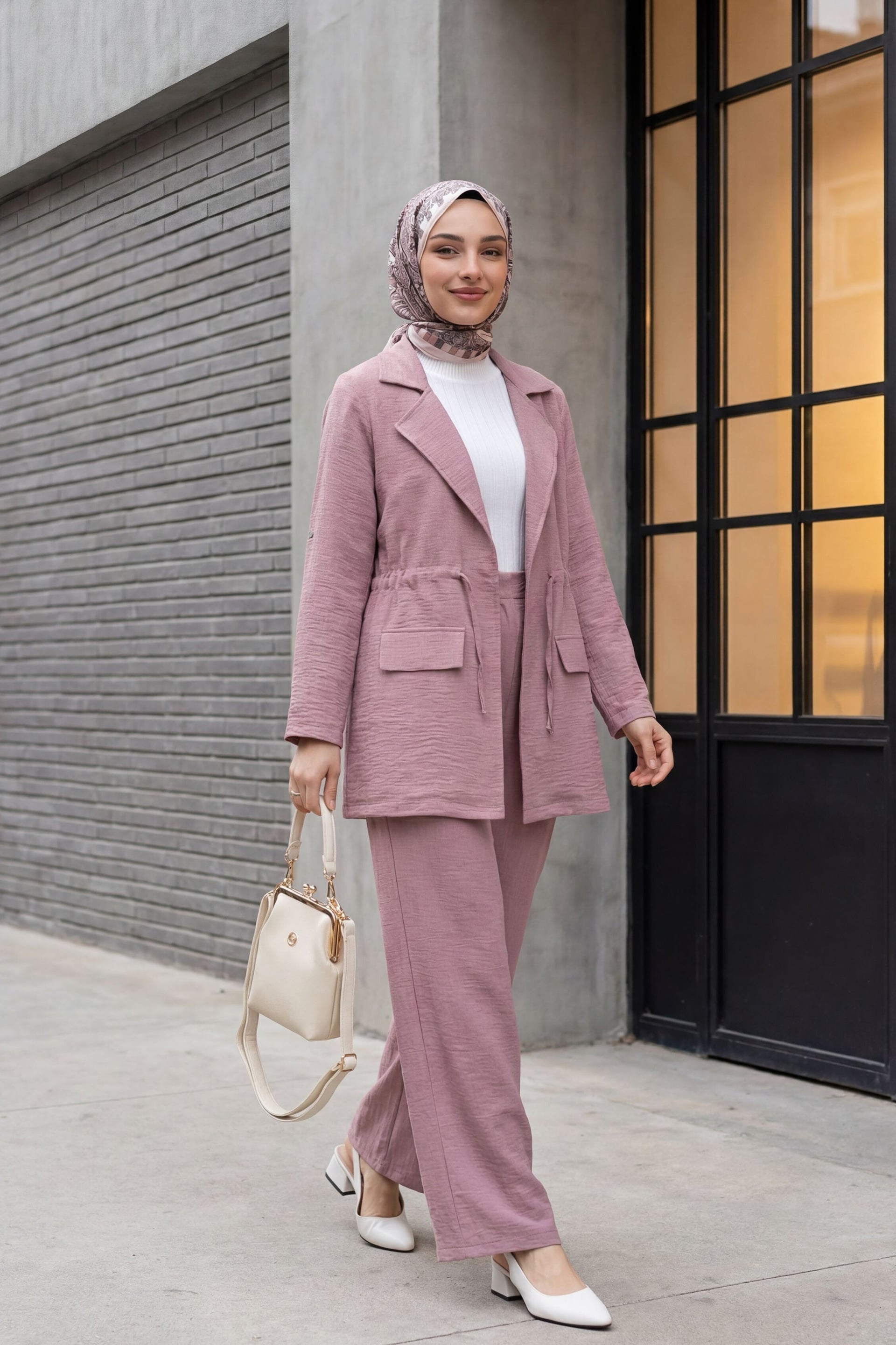 Flap Pocket Tunnel Bridge Blazer and Wide-Leg Trousers Co-ord Set in Dusty Rose - Podyumplus - by Peralane