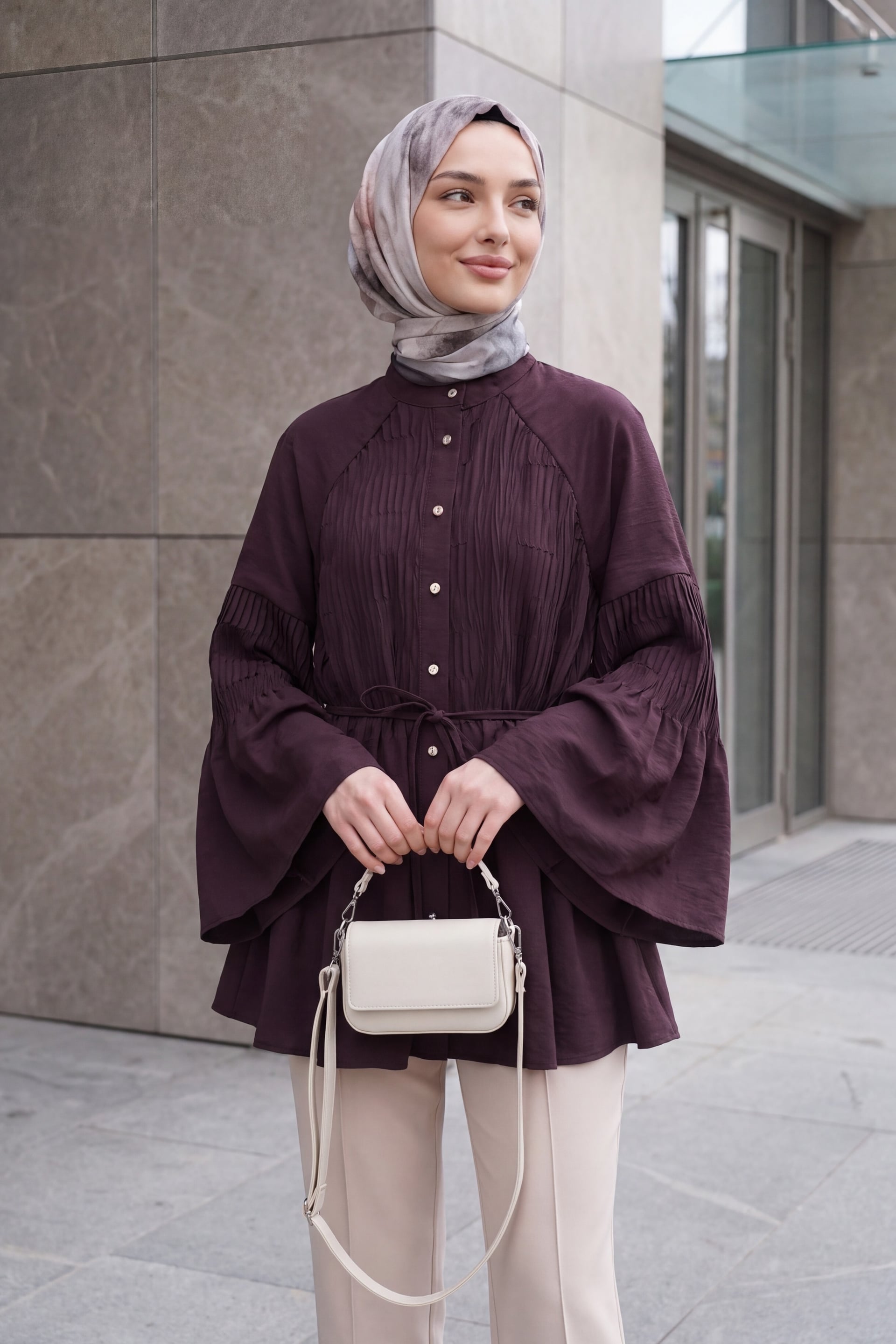 Spanish Sleeve Stone-Button Belted Cupra Tunic - Deep Plum - Podyumplus - by Peralane - photo 3