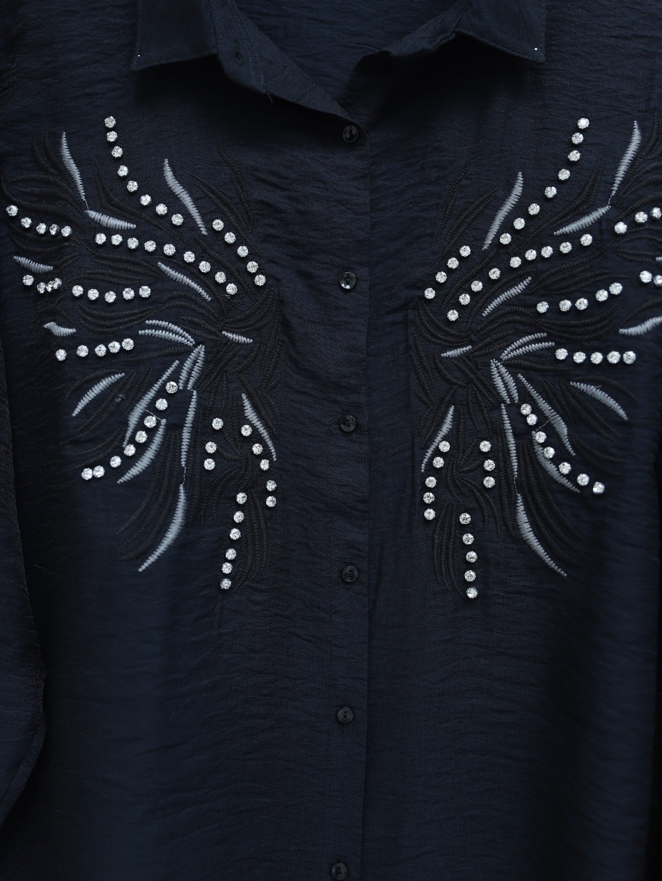 Black Stone and Embroidery Detailed Linen Look Shirt - Podyumplus - by Peralane - photo 6