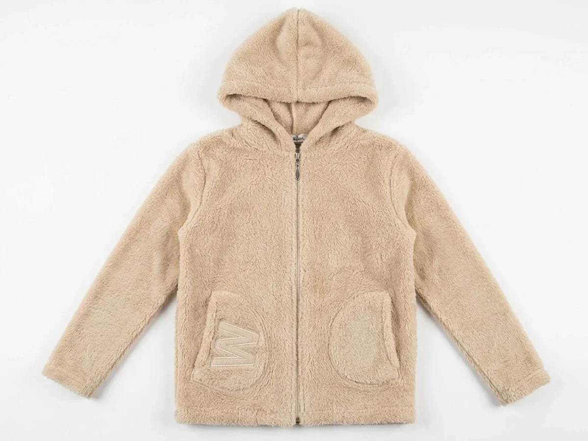 Girls' Beige Zip-Up Fleece Hoodie with Embroidered W Detail - Mensis - by Peralane